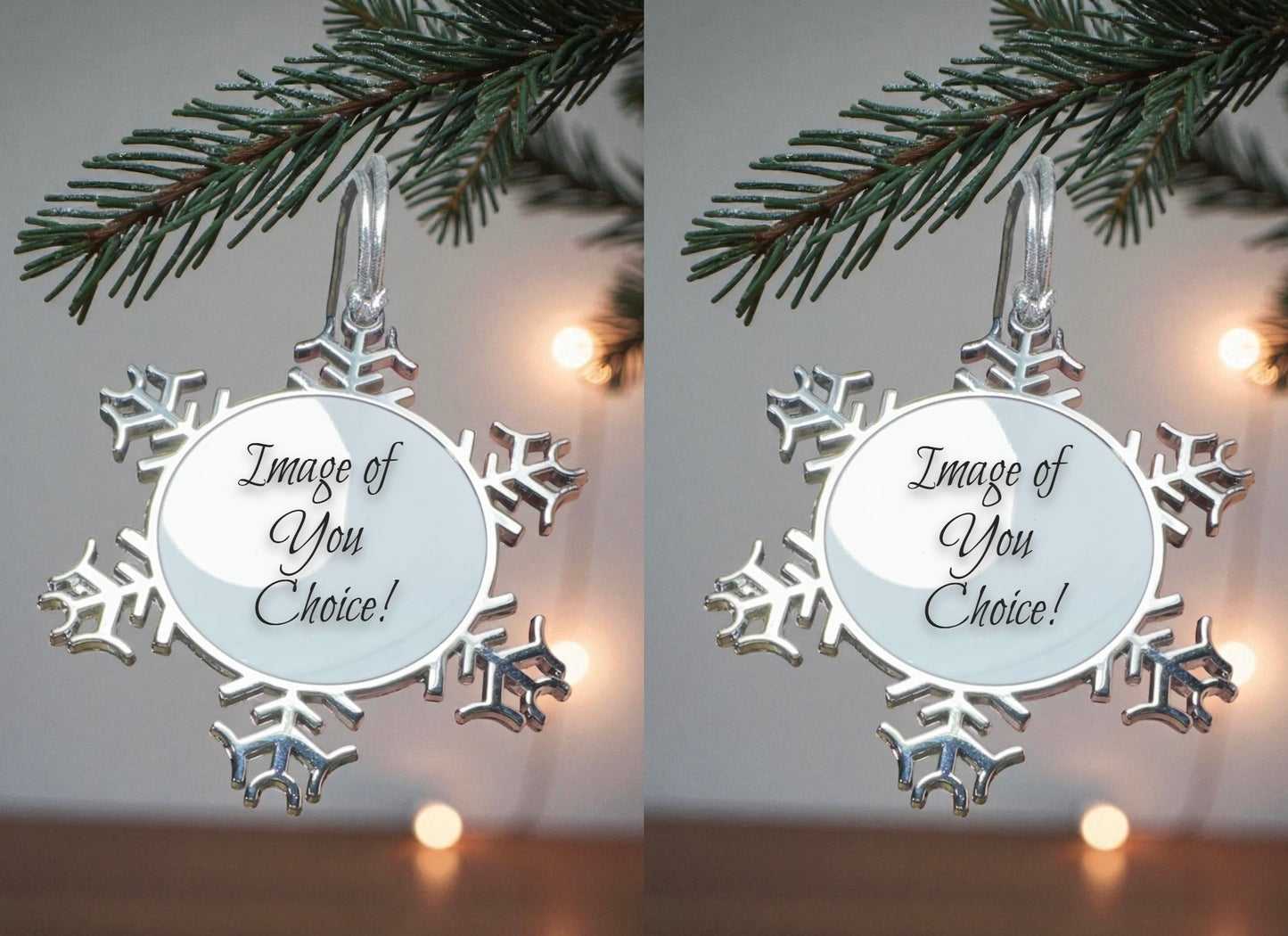 ORNAMENTS 3"x 3" Silver Snowflake Image of Your Choice! *Pick any image from my entire shop* (Image on both sides) See Directions Below