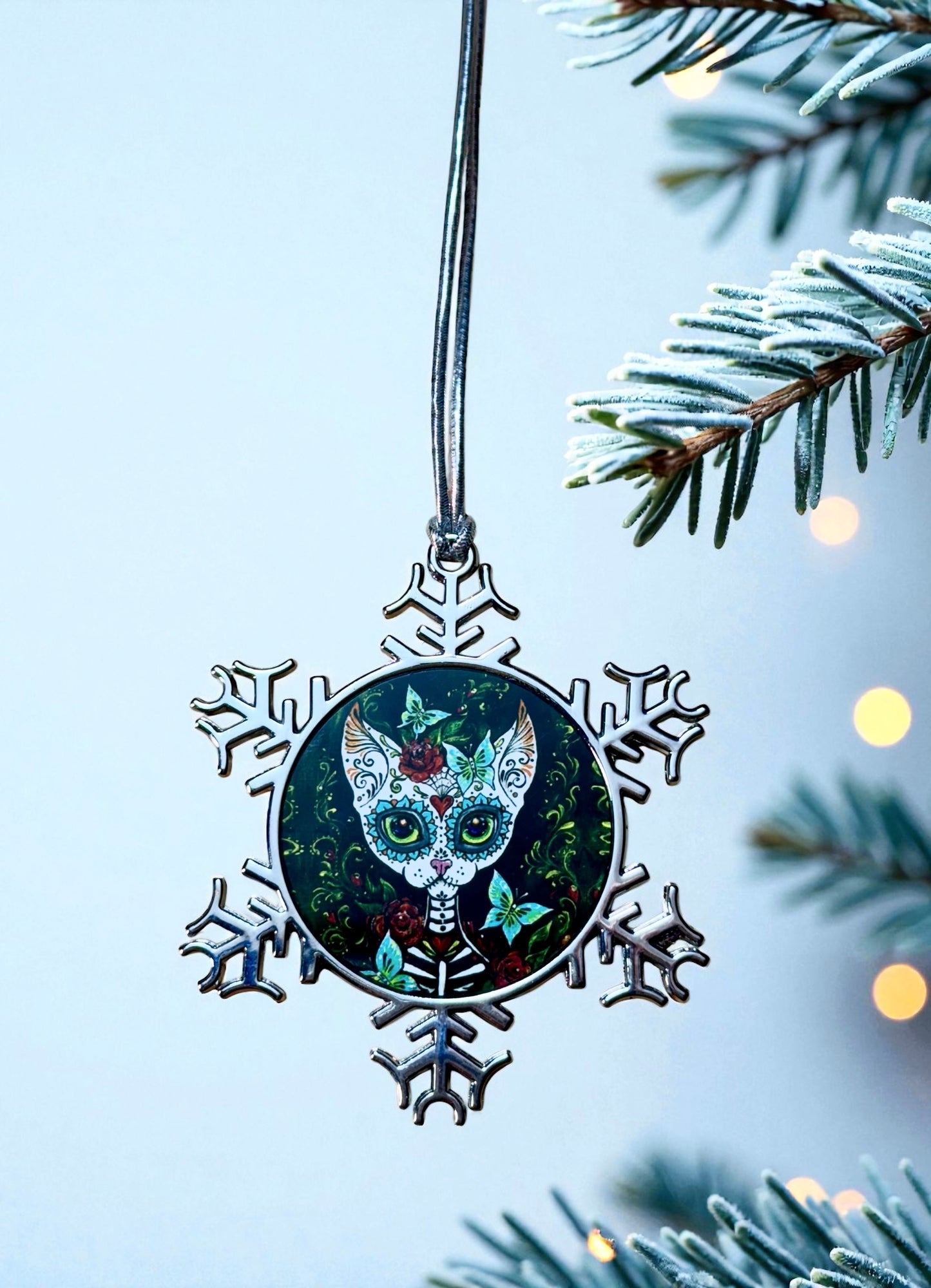 ORNAMENT 3"x 3" Silver Snowflake "Sugar Kitty" (Image on both sides)