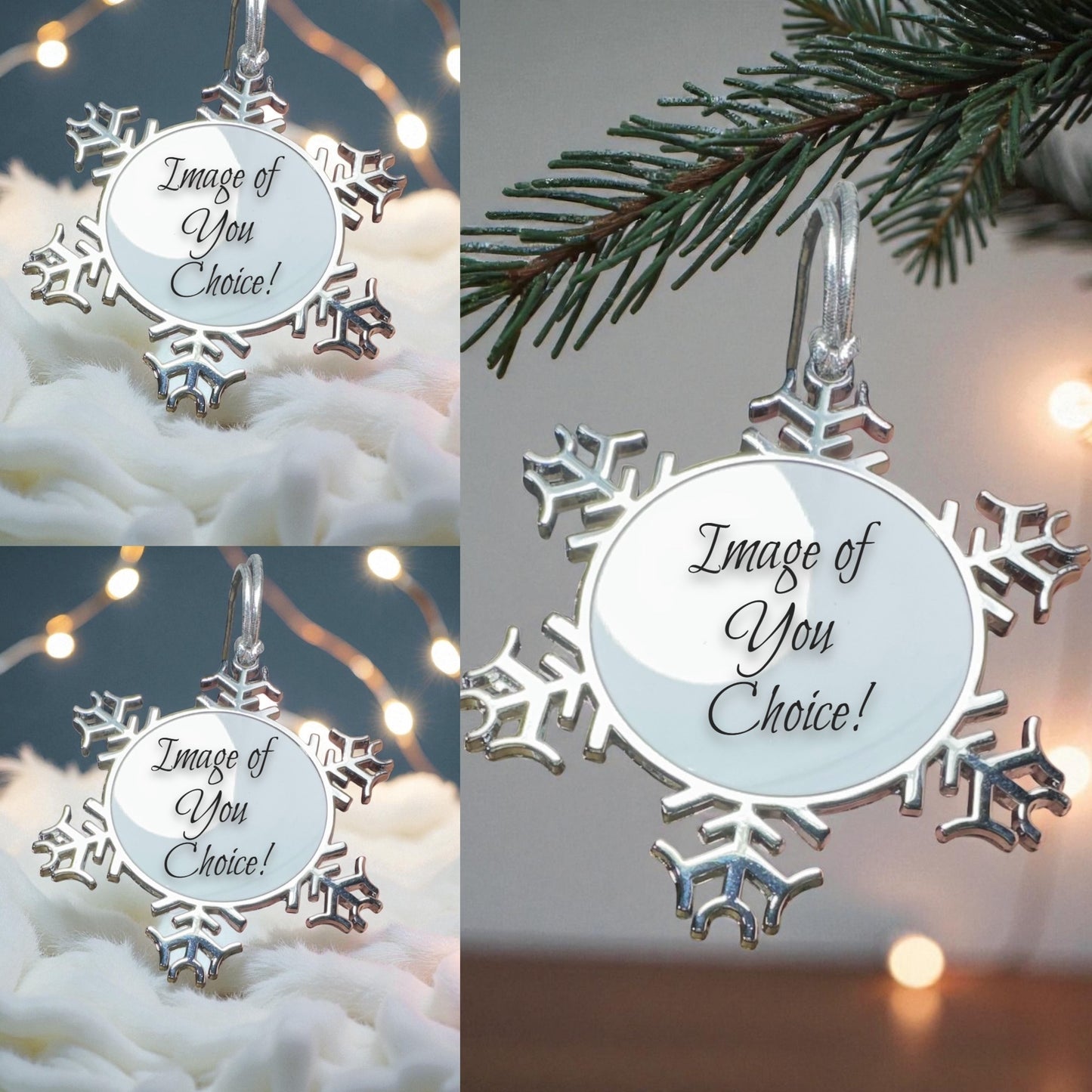 ORNAMENTS 3"x 3" Silver Snowflake Image of Your Choice! *Pick any image from my entire shop* (Image on both sides) See Directions Below