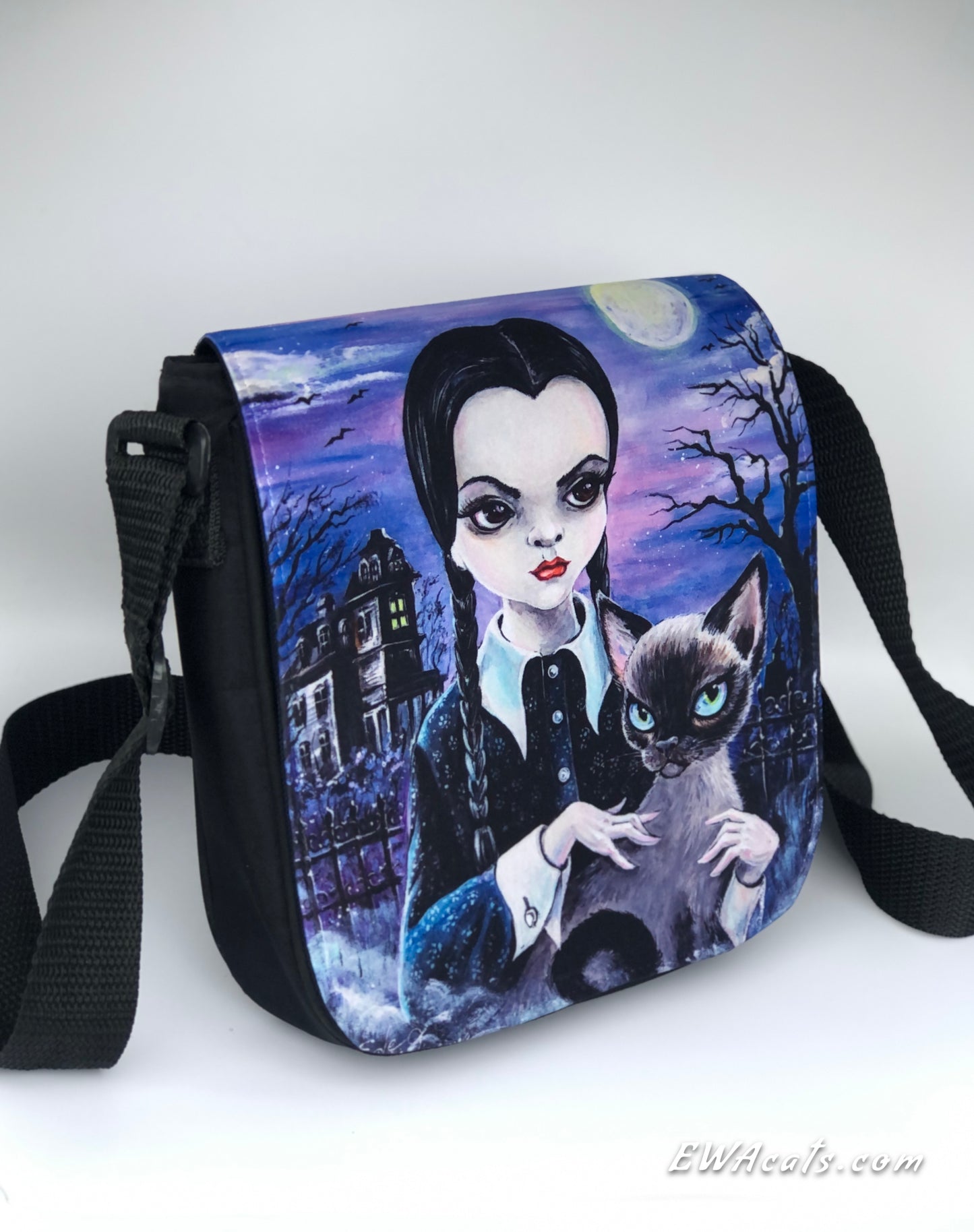 Shoulder Bag "Wednesday & Her cat Thursday" with a Removable Flap