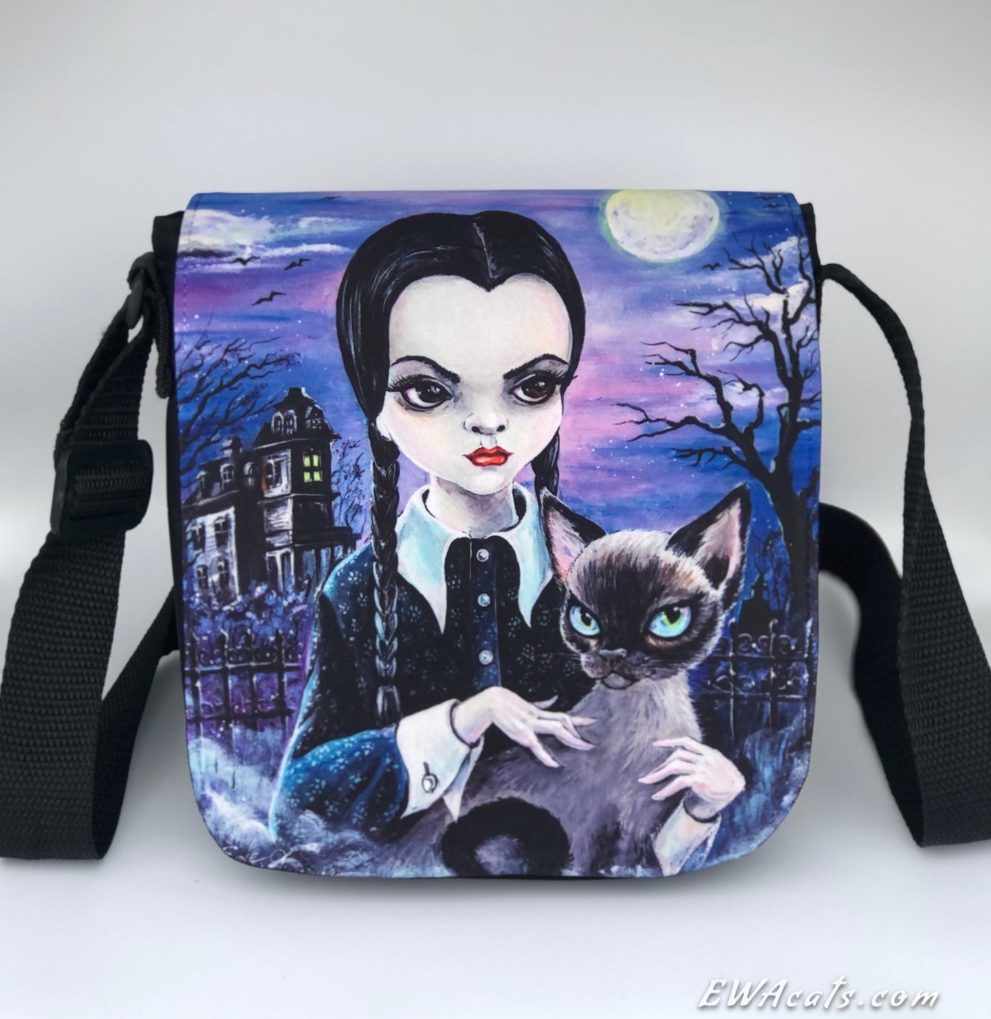 Shoulder Bag "Wednesday & Her cat Thursday" with a Removable Flap