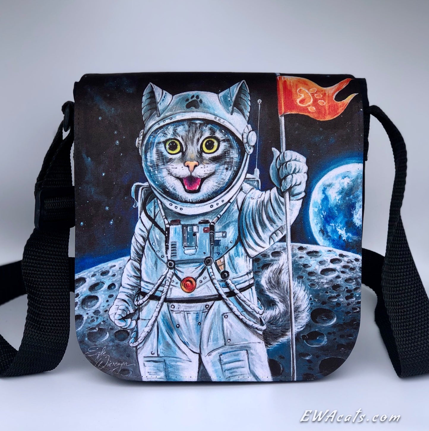 Shoulder Bag "First Cat on the Moon" with a Removable Flap