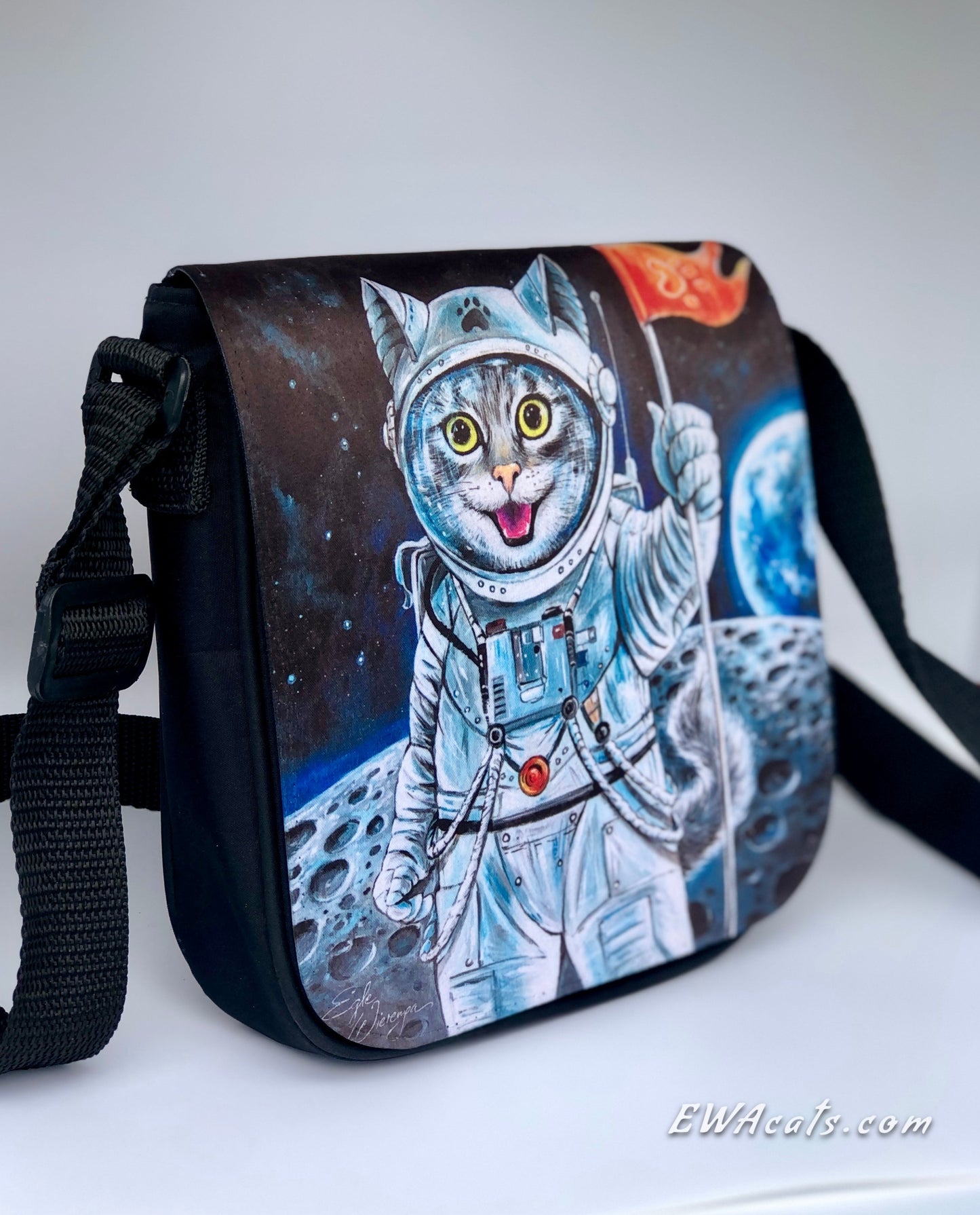 Shoulder Bag "First Cat on the Moon" with a Removable Flap