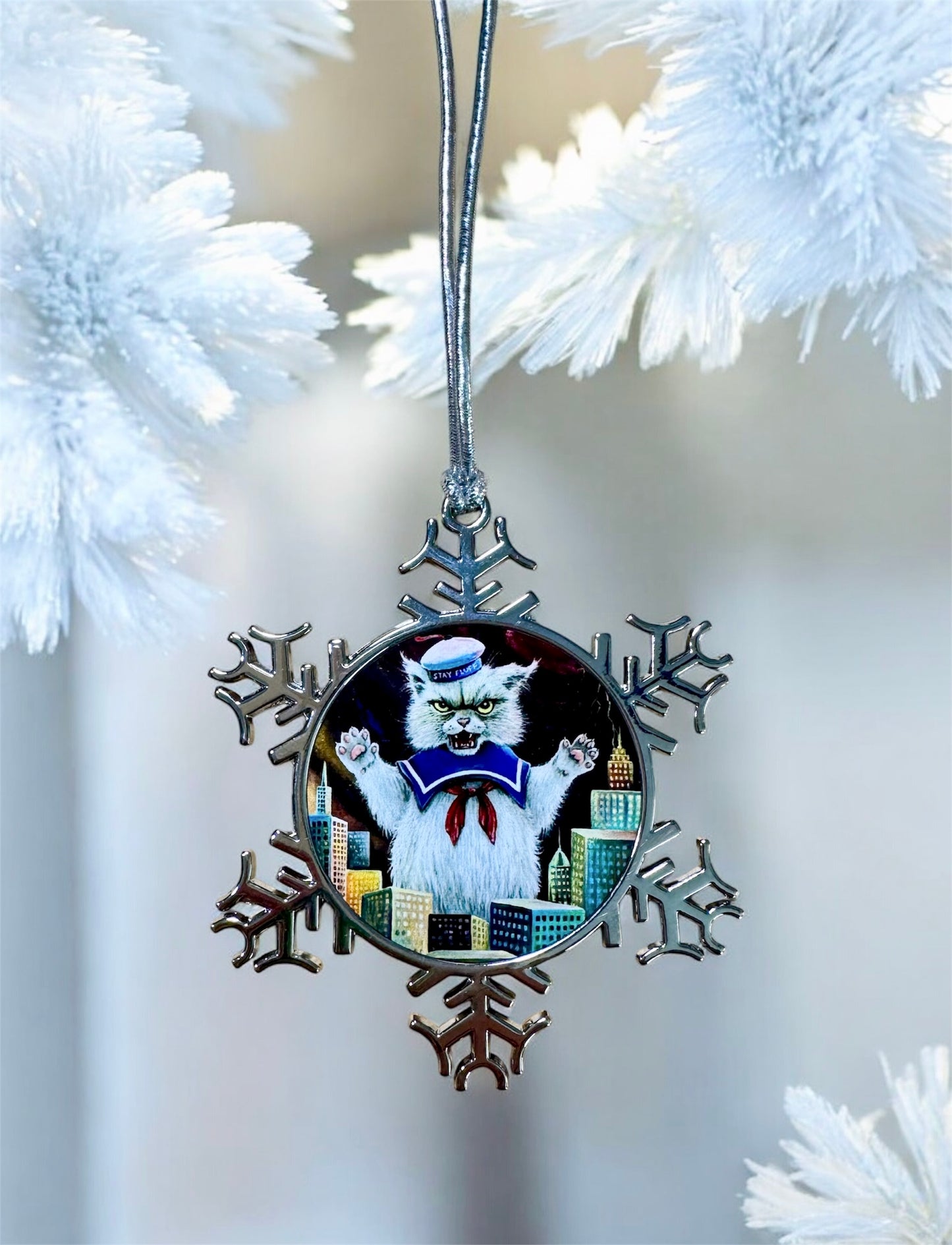 ORNAMENT 3"x 3" Silver Snowflake "Stay Fluff" (Image on both sides)