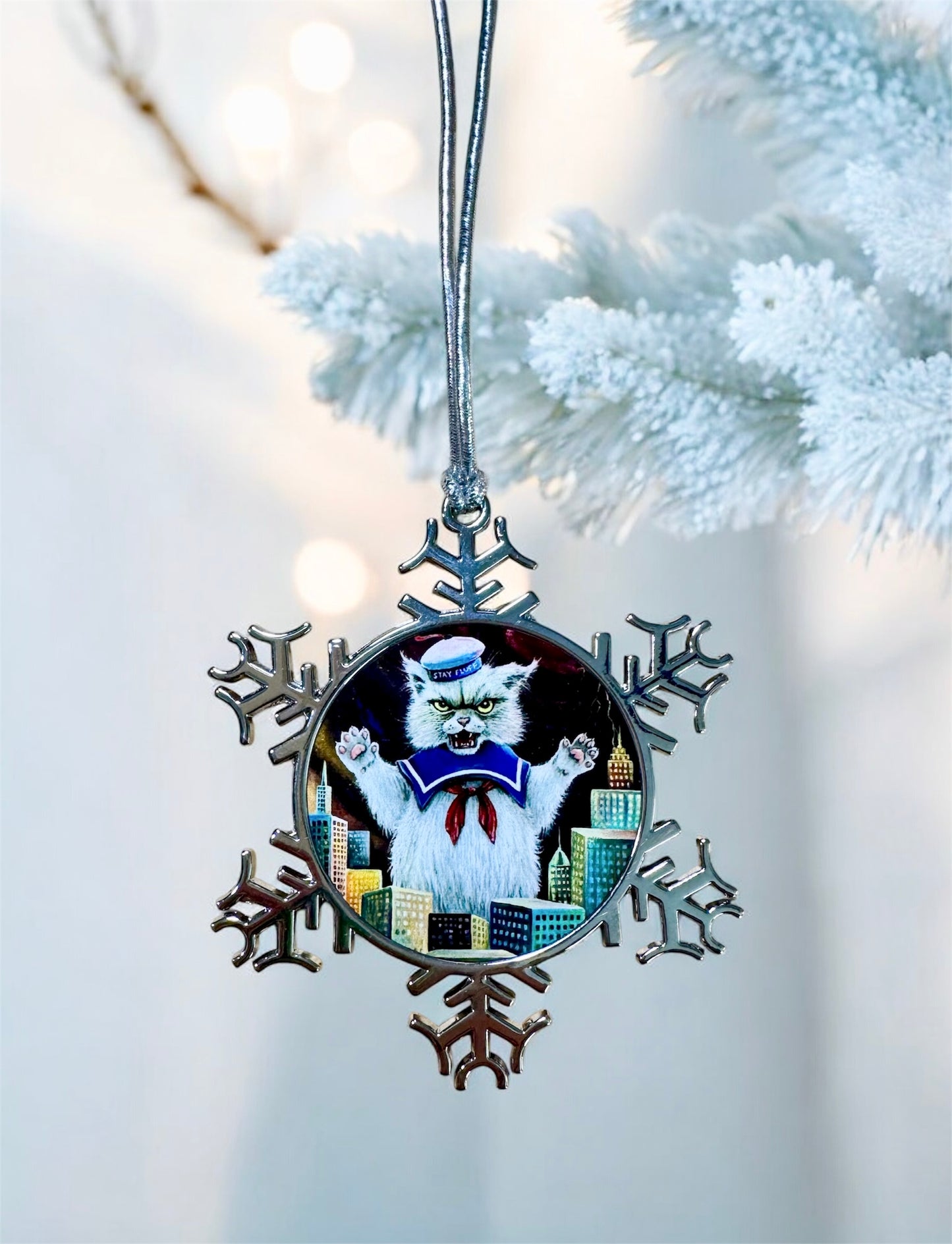 ORNAMENT 3"x 3" Silver Snowflake "Stay Fluff" (Image on both sides)