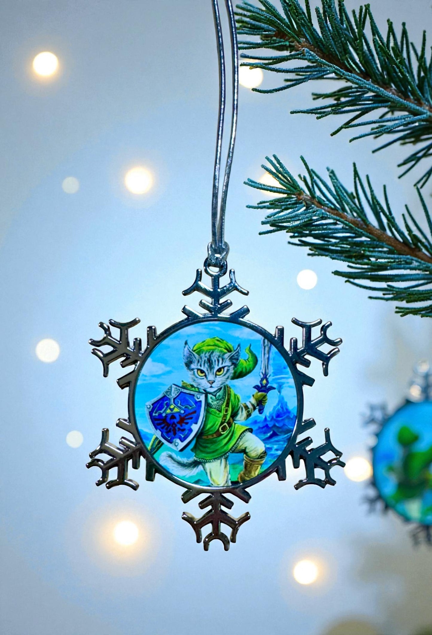ORNAMENT 3"x 3" Silver Snowflake "Kitty Link" (Image on both sides)