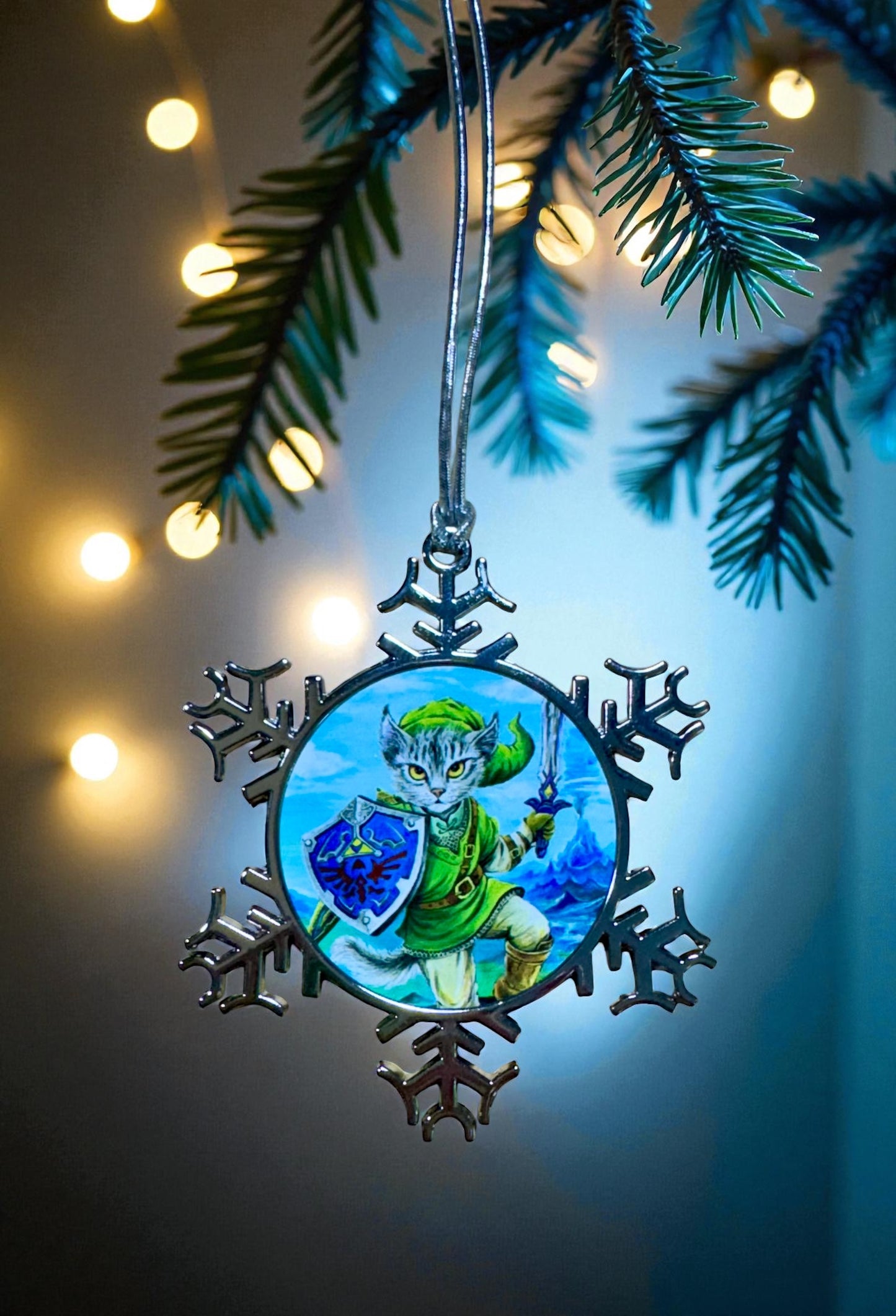 ORNAMENT 3"x 3" Silver Snowflake "Kitty Link" (Image on both sides)