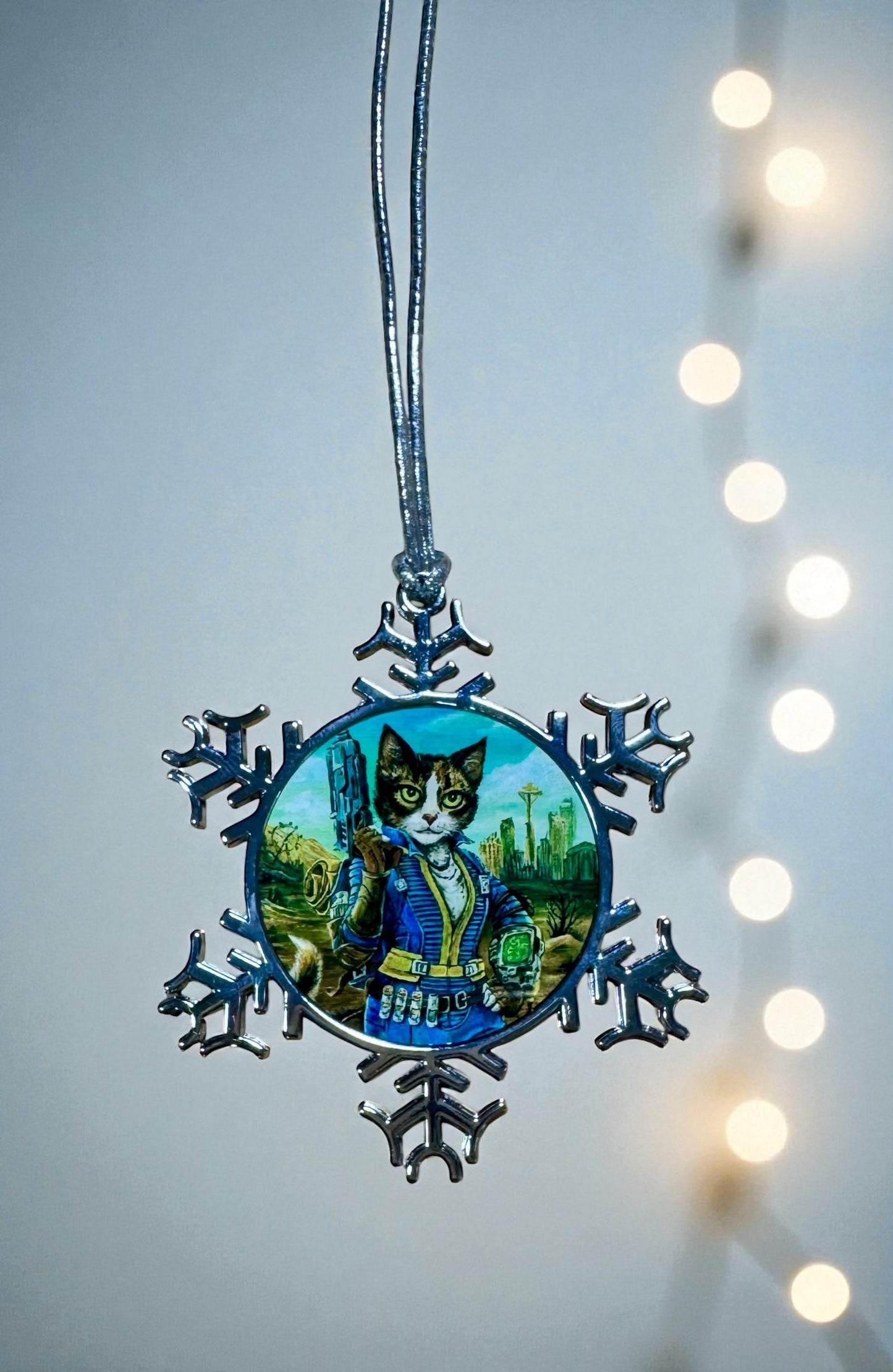ORNAMENT 3"x 3" Silver Snowflake "Lucy Cat" (Image on both sides)