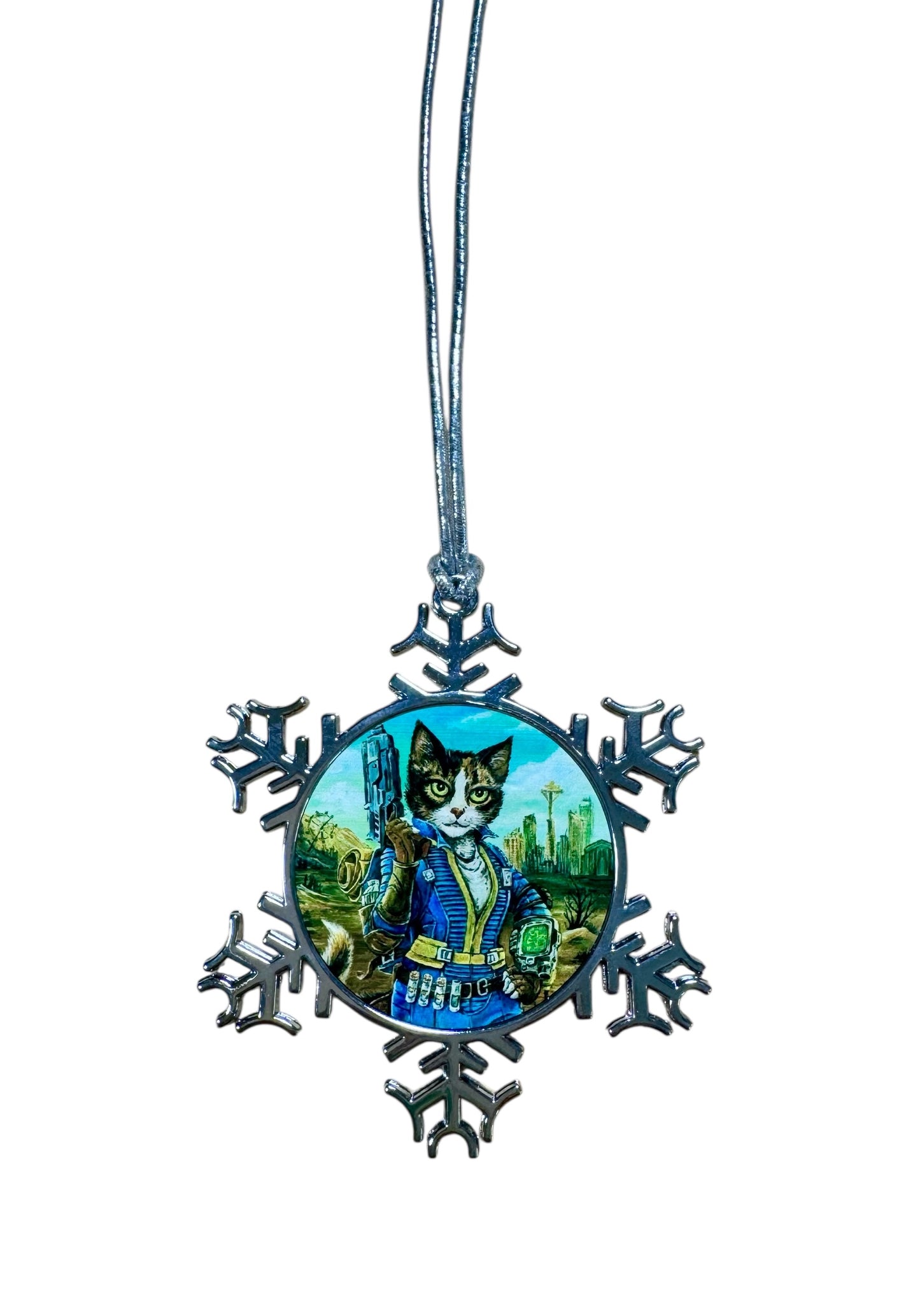 ORNAMENT 3"x 3" Silver Snowflake "Lucy Cat" (Image on both sides)