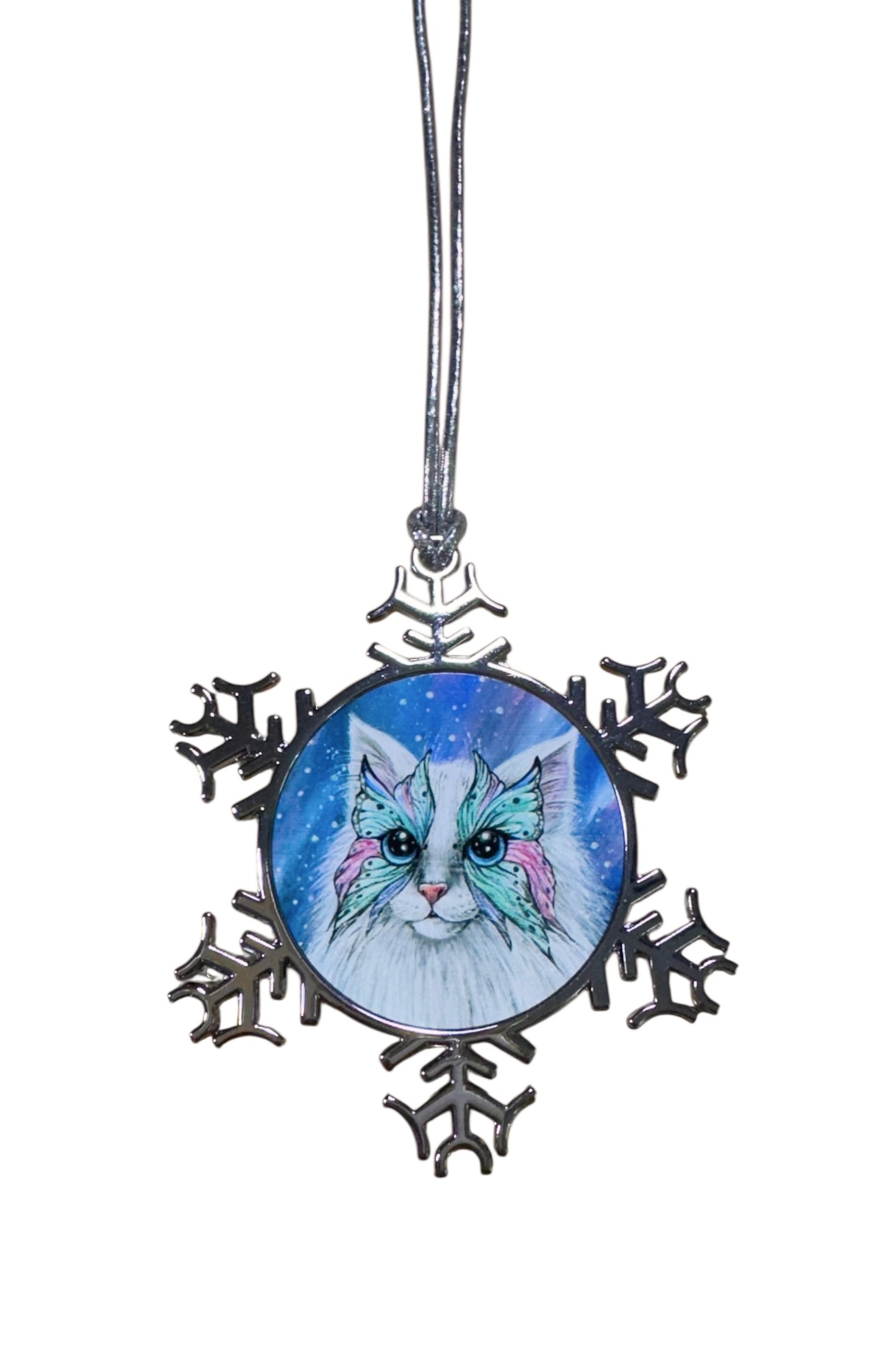 ORNAMENT 3"x 3" Silver Snowflake "Butterfly Whiskers" (Image on both sides)