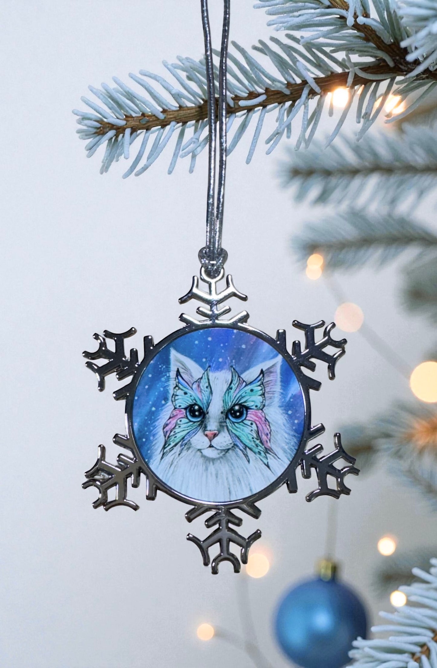 ORNAMENT 3"x 3" Silver Snowflake "Butterfly Whiskers" (Image on both sides)