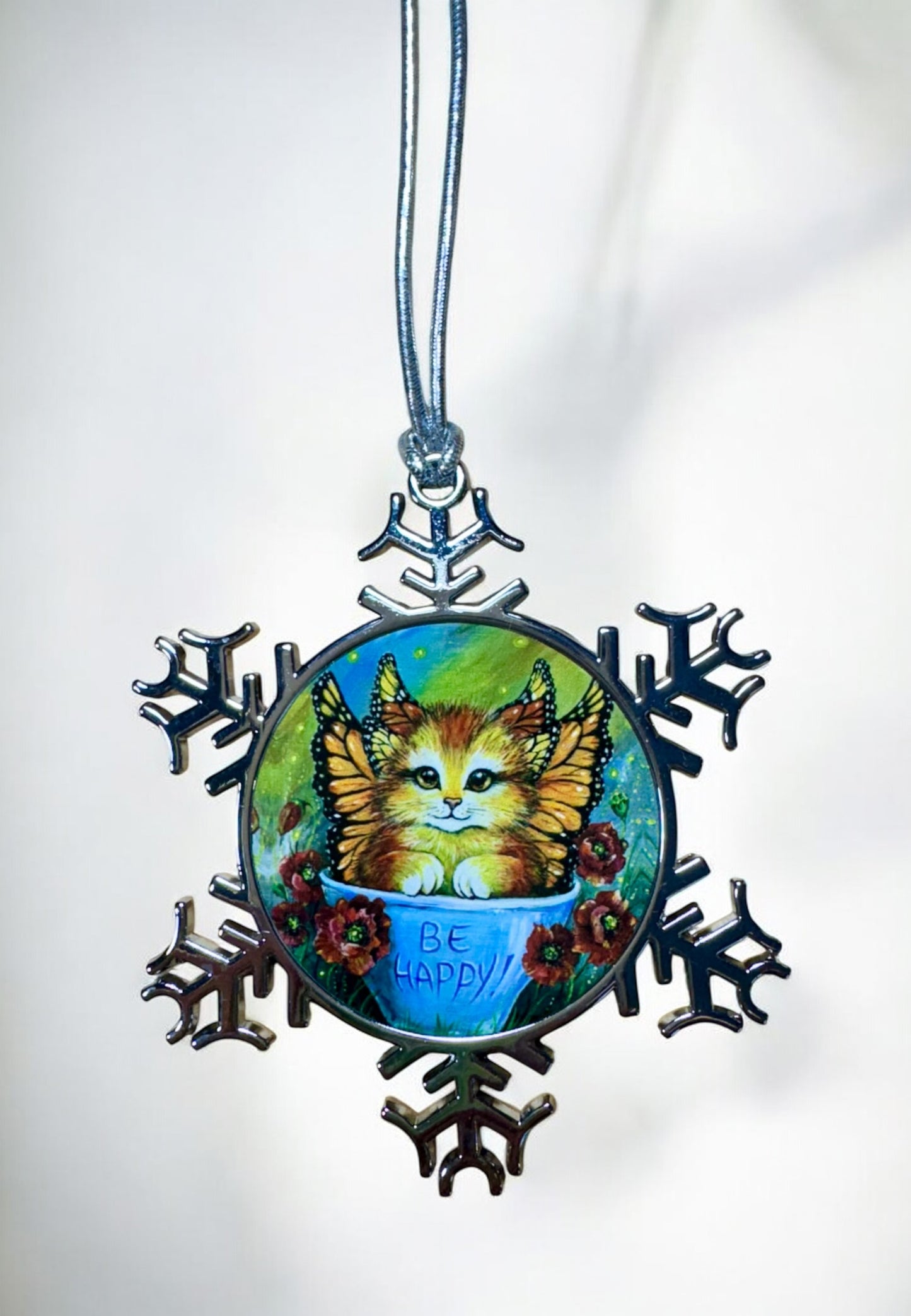 ORNAMENT 3"x 3" Silver Snowflake "Be Happy" (Image on both sides)