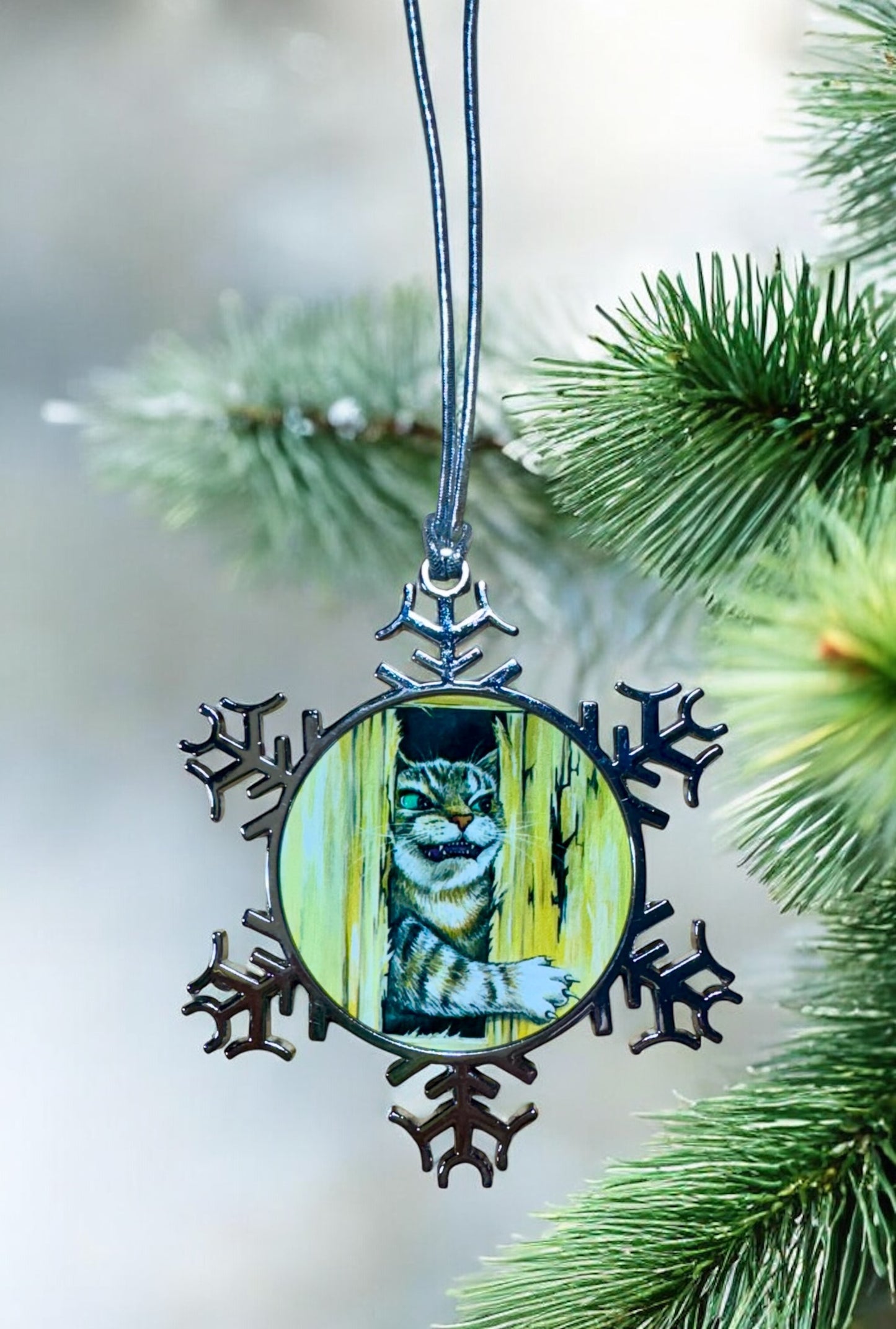 ORNAMENT 3"x 3" Silver Snowflake "Here's Kitty" (Image on both sides)