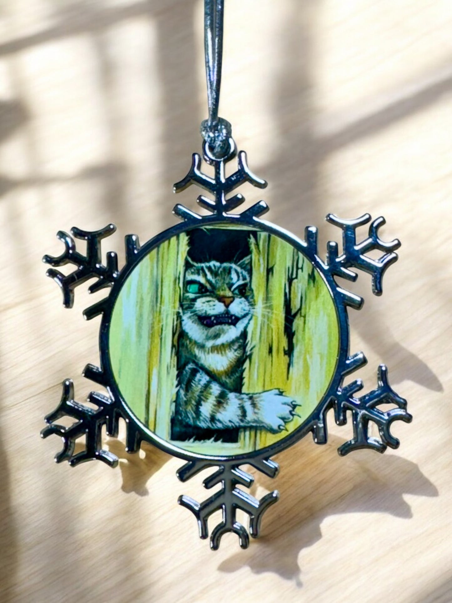ORNAMENT 3"x 3" Silver Snowflake "Here's Kitty" (Image on both sides)