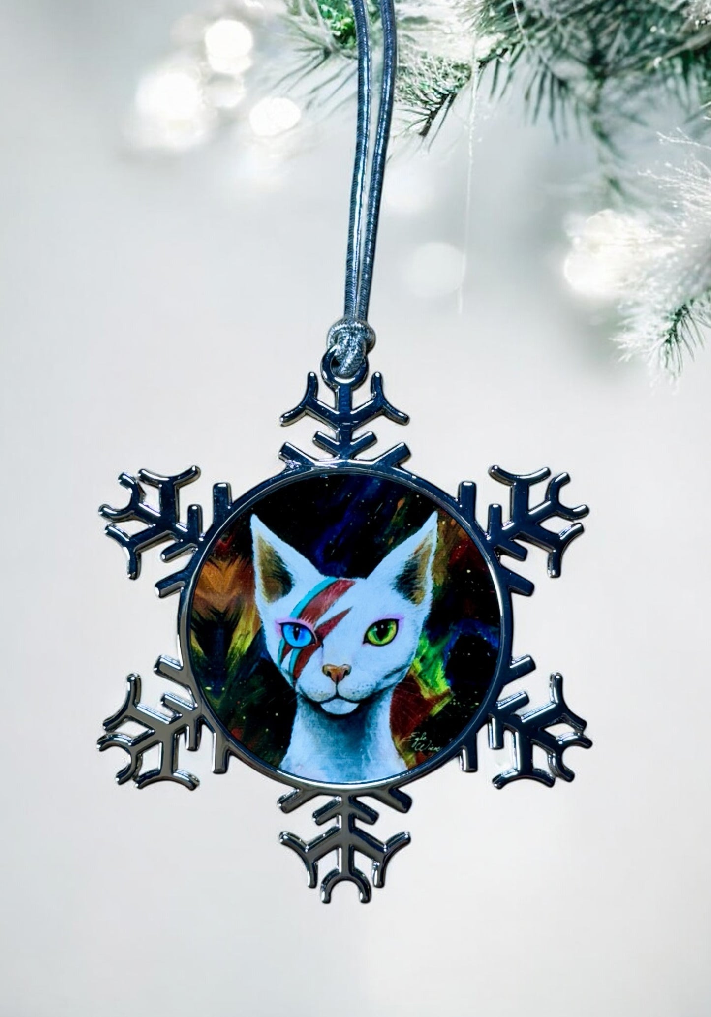 ORNAMENT 3"x 3" Silver Snowflake "Ziggy Starpaws" (Image on both sides)