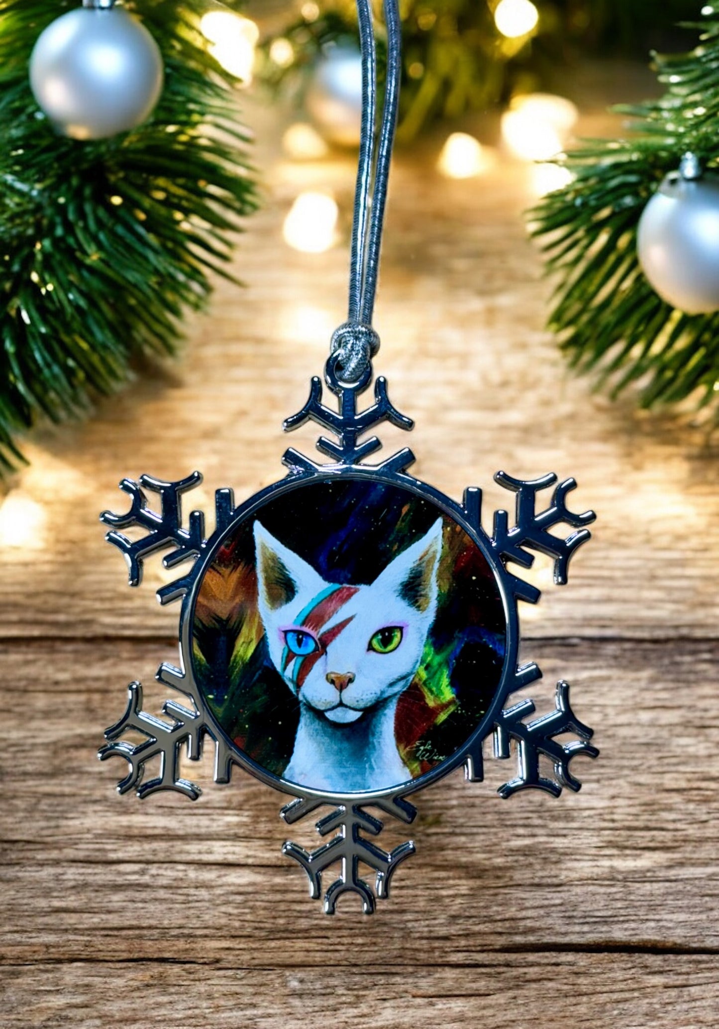 ORNAMENT 3"x 3" Silver Snowflake "Ziggy Starpaws" (Image on both sides)