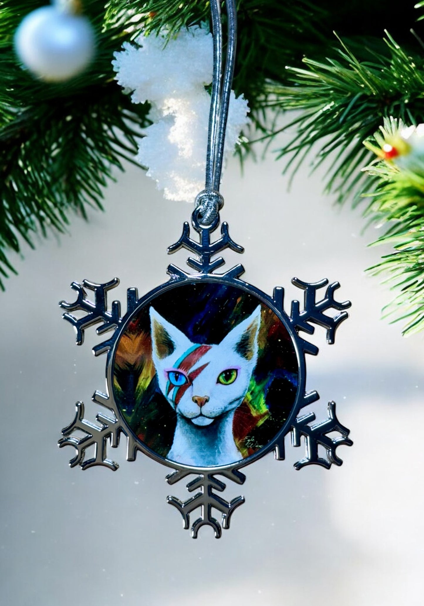 ORNAMENT 3"x 3" Silver Snowflake "Ziggy Starpaws" (Image on both sides)