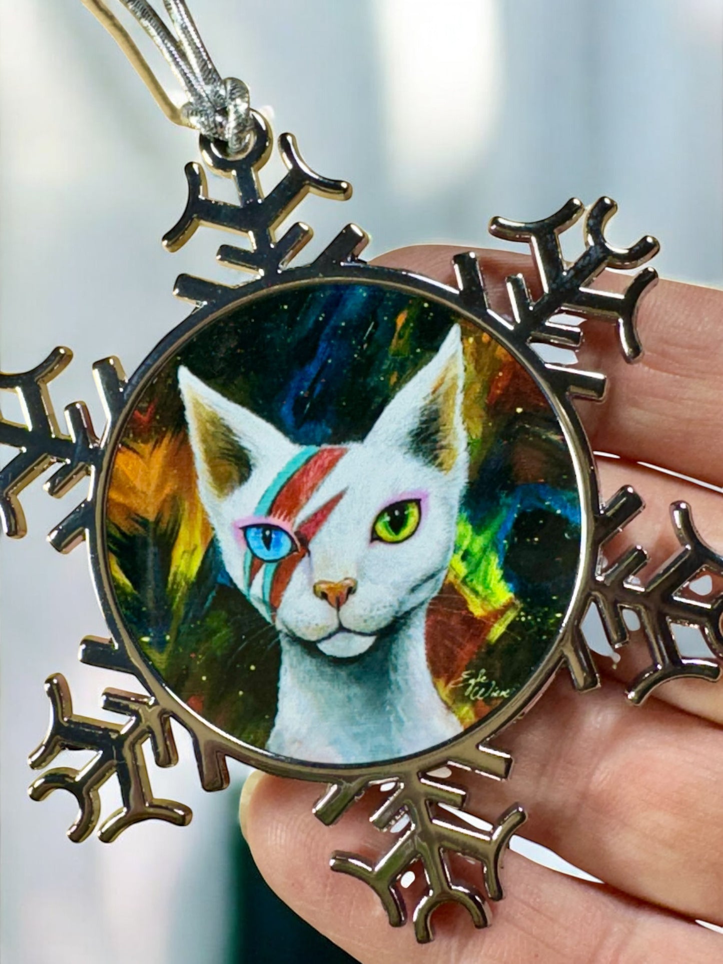 ORNAMENT 3"x 3" Silver Snowflake "Ziggy Starpaws" (Image on both sides)