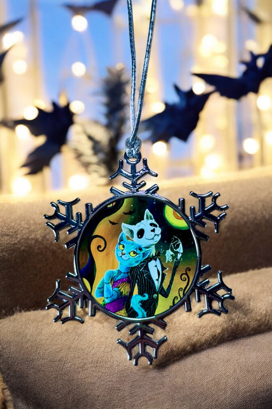 ORNAMENT 3"x 3" Silver Snowflake "Jack and Sally Meows" (Image on both sides)