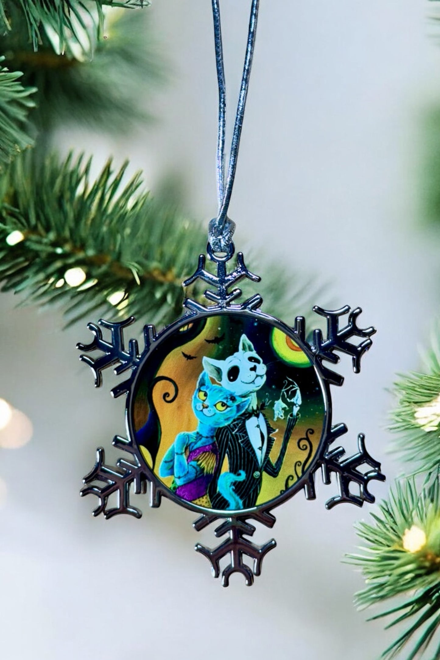 ORNAMENT 3"x 3" Silver Snowflake "Jack and Sally Meows" (Image on both sides)