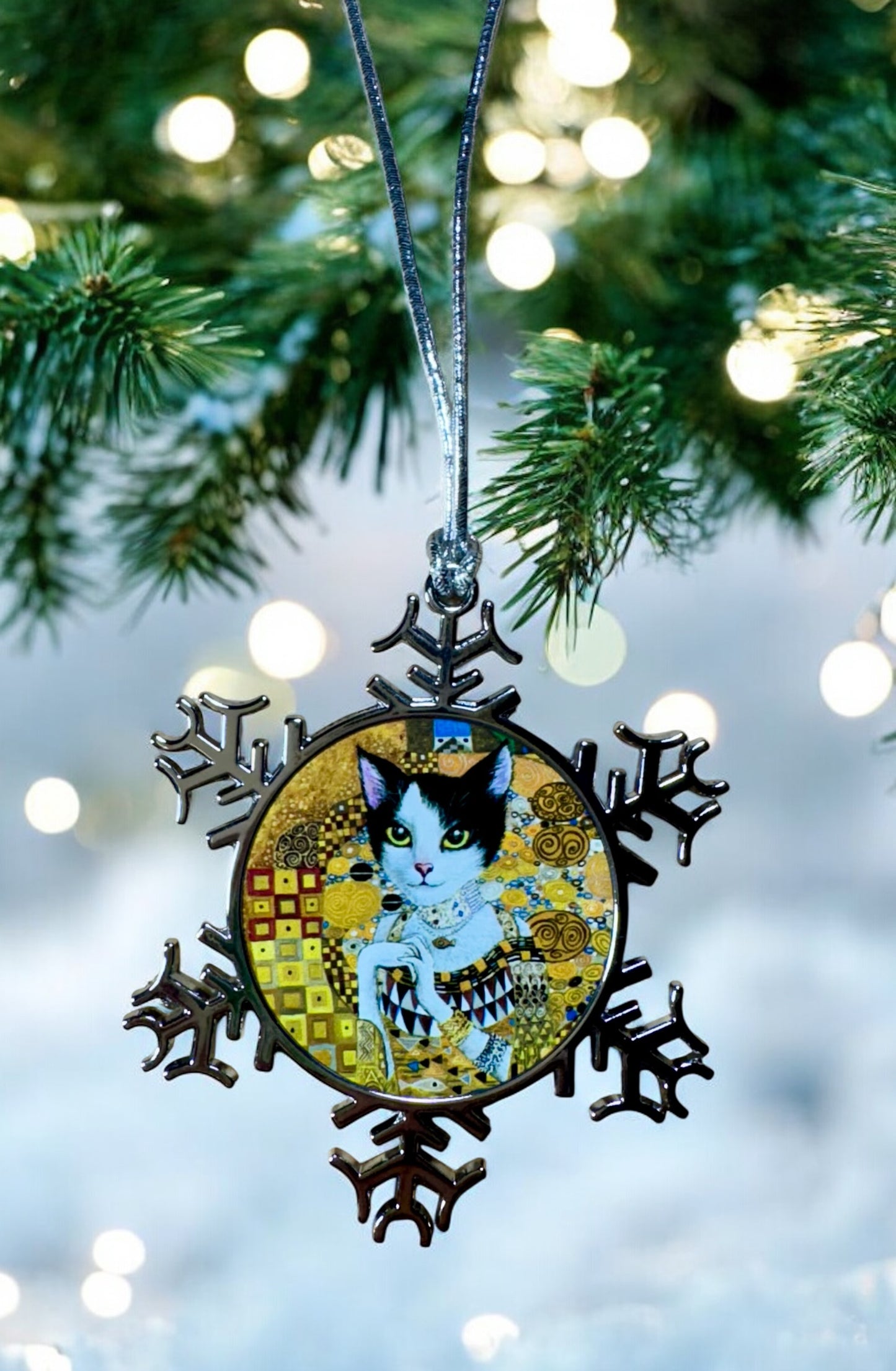 ORNAMENT 3"x 3" Silver Snowflake "JCat in Gold" (Image on both sides)