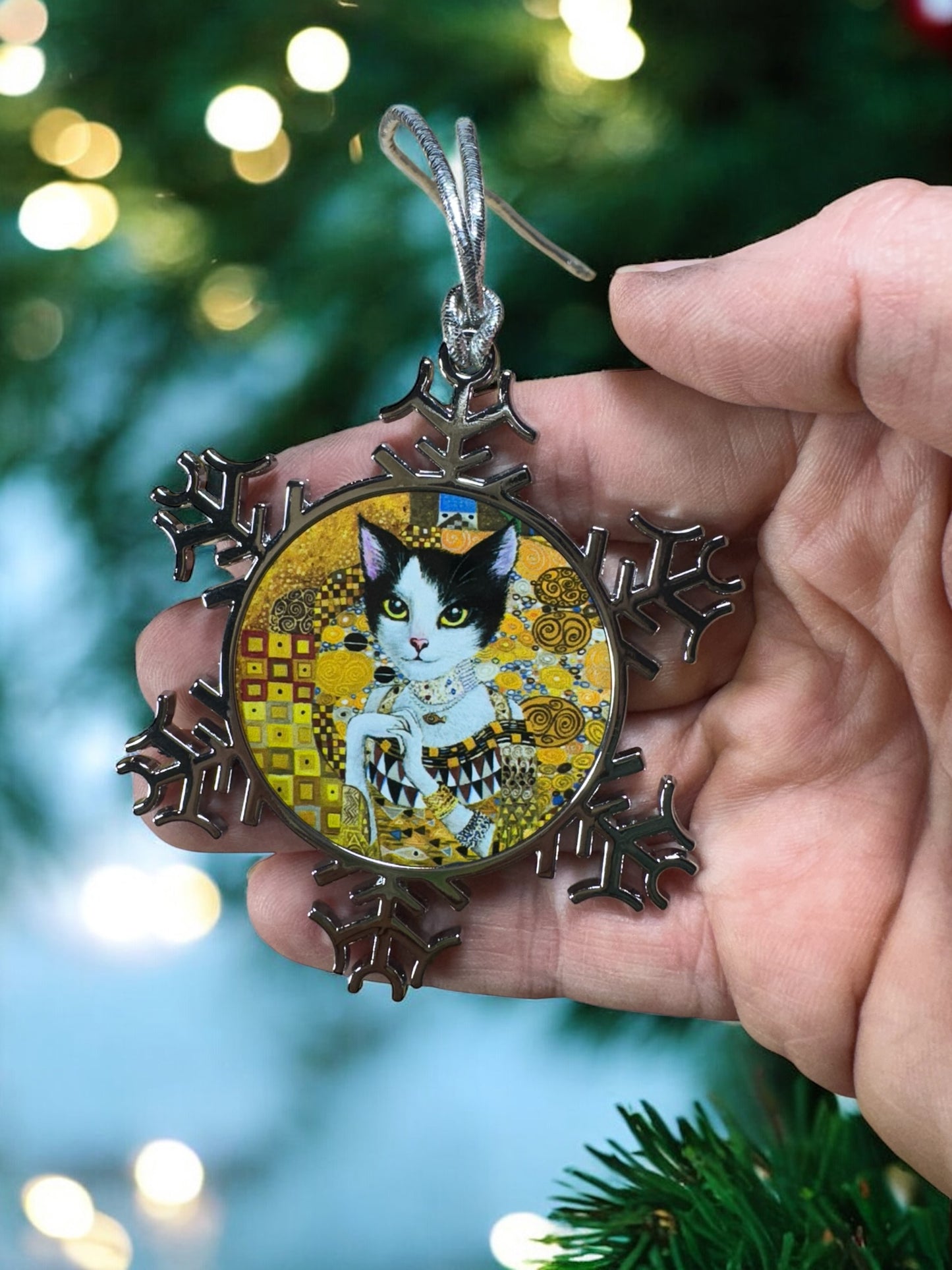 ORNAMENT 3"x 3" Silver Snowflake "JCat in Gold" (Image on both sides)