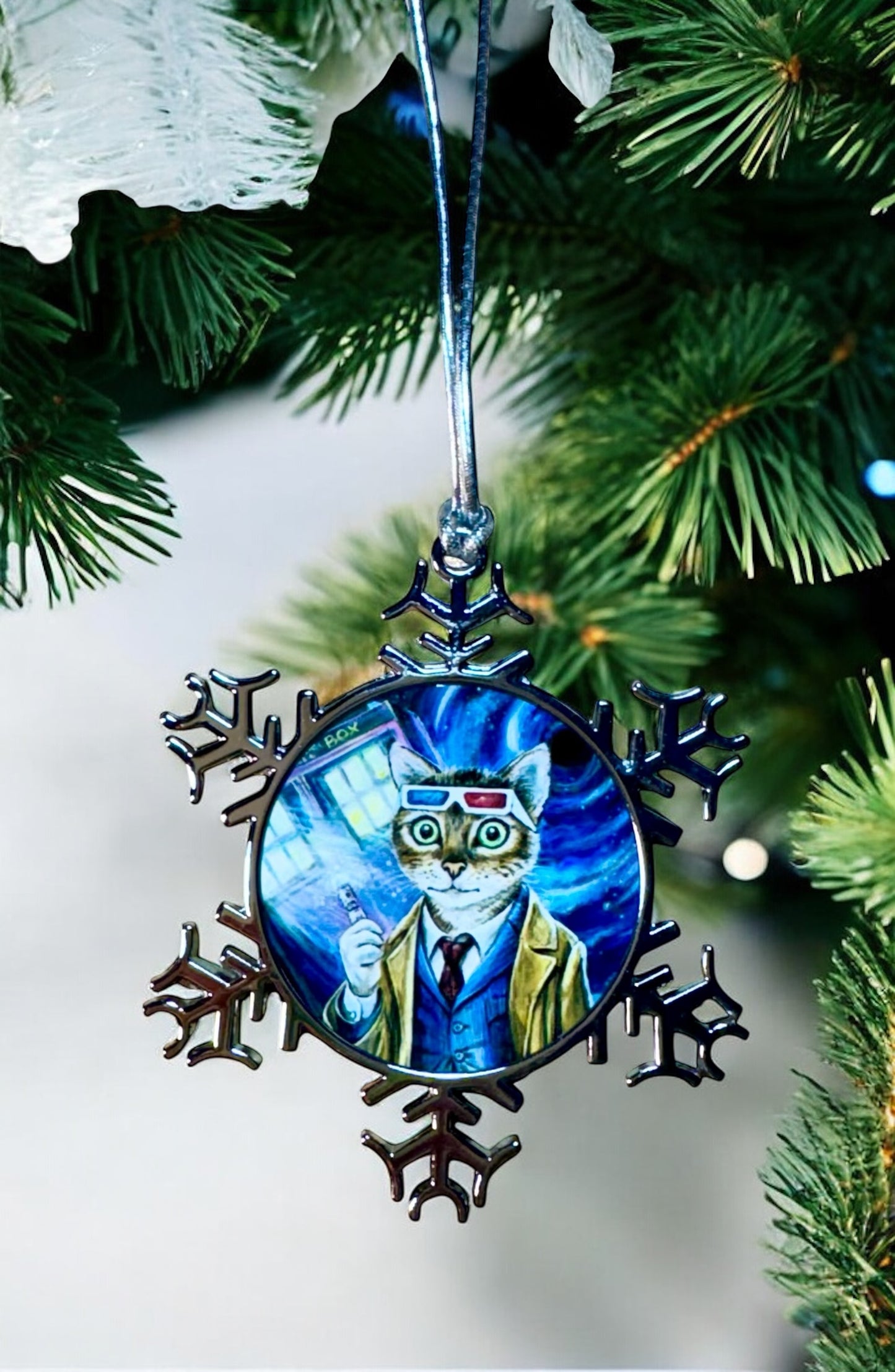ORNAMENT 3"x 3" Silver Snowflake "Doctor Mew" (Image on both sides)
