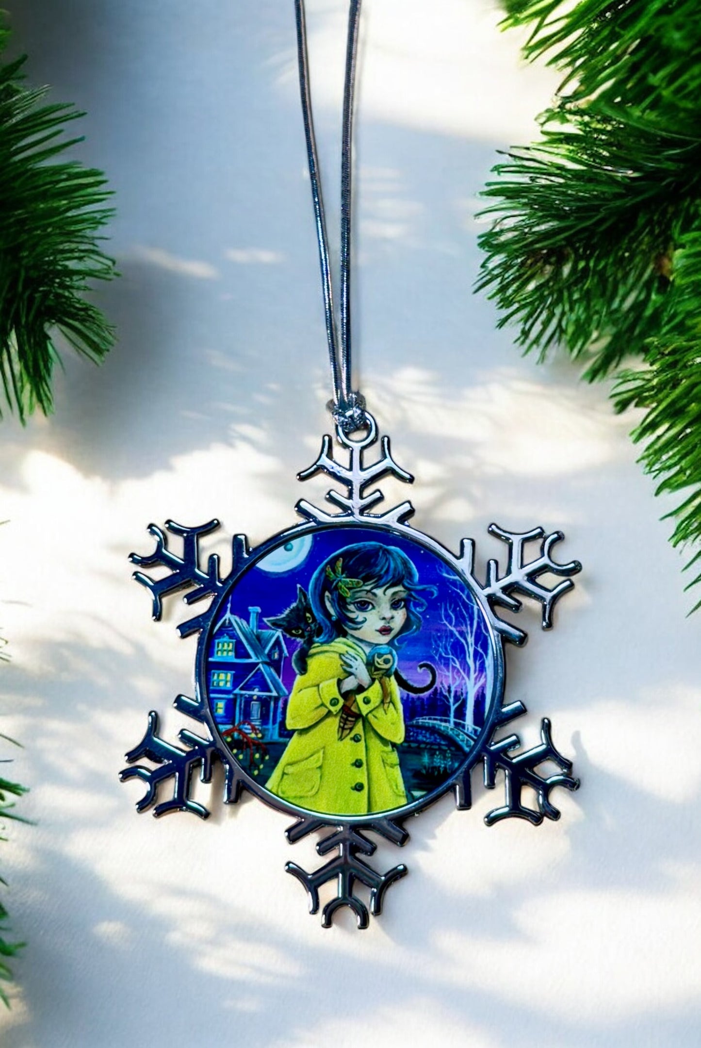 ORNAMENT 3"x 3" Silver Snowflake "Coraline and Her cat" (Image on both sides)