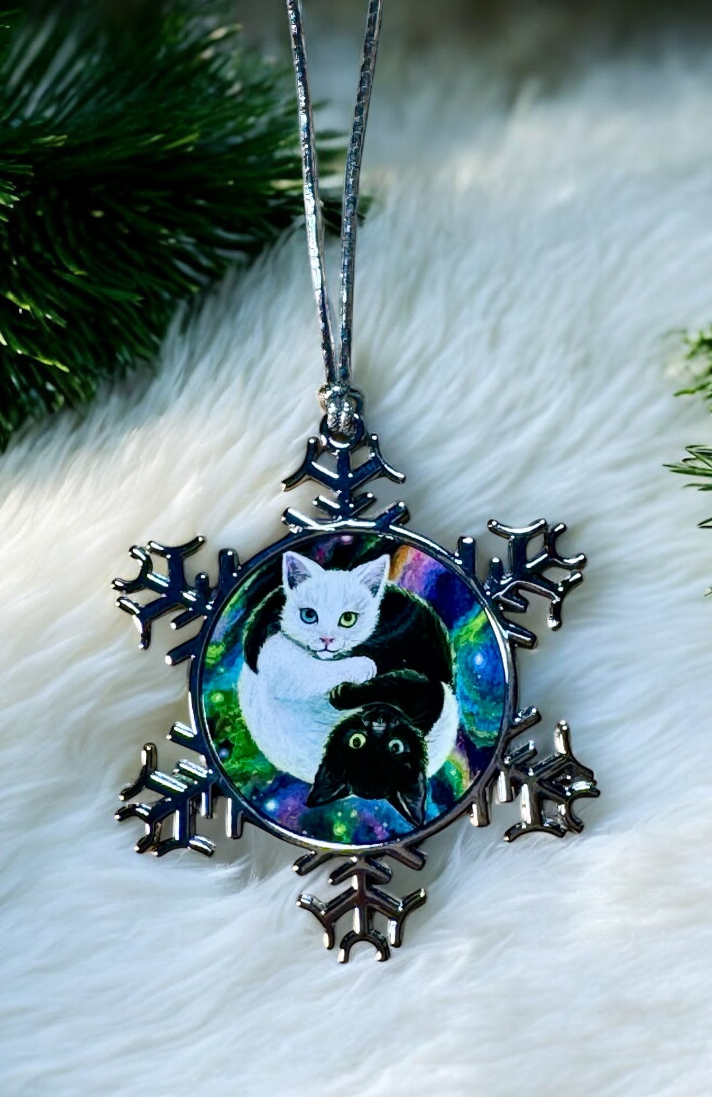 ORNAMENT 3"x 3" Silver Snowflake "Purrfect harmony" (Image on both sides)