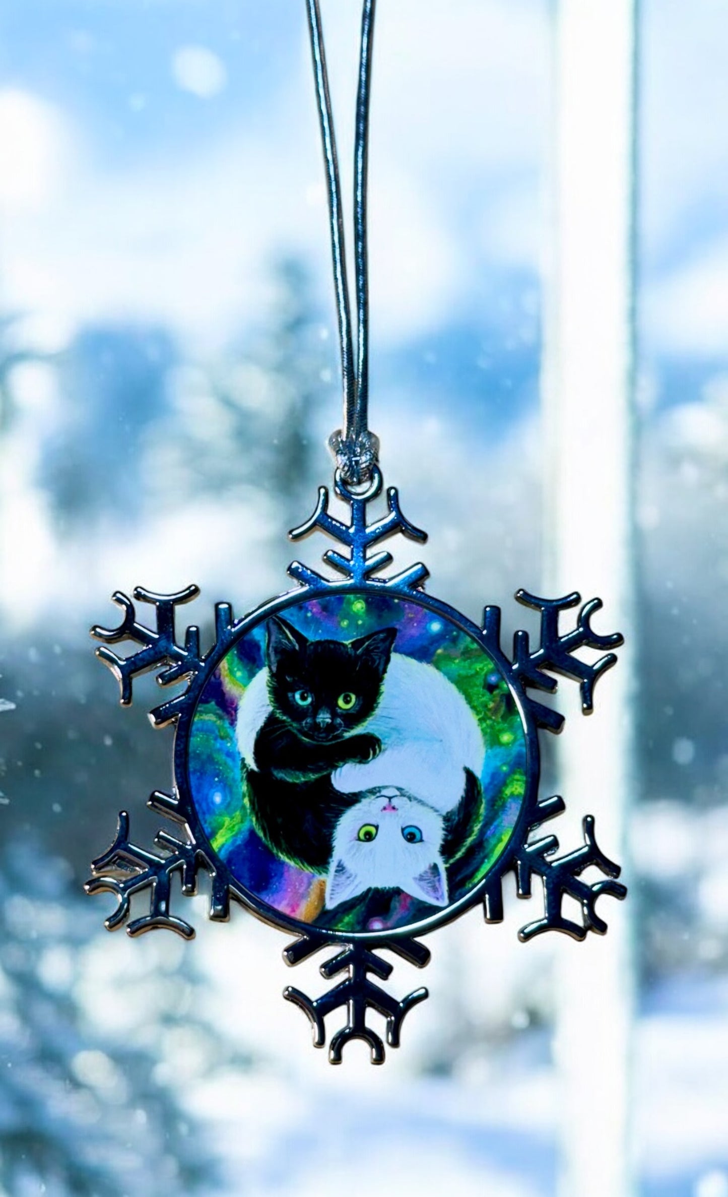 ORNAMENT 3"x 3" Silver Snowflake "Purrfect harmony" (Image on both sides)