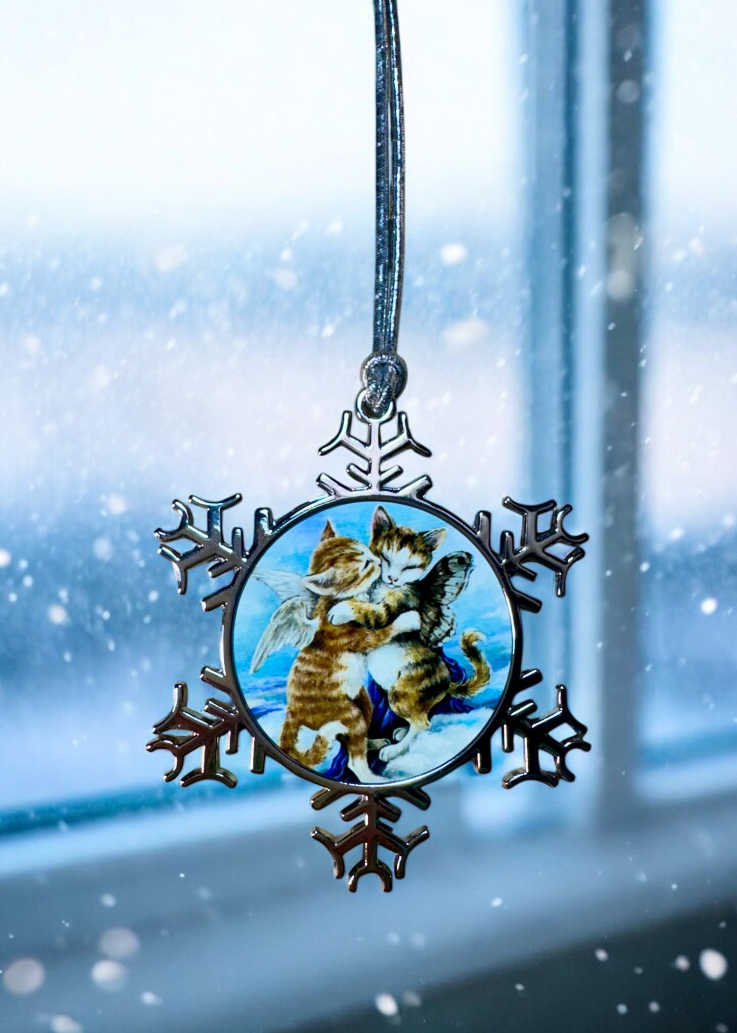 ORNAMENT 3"x 3" Silver Snowflake "L’Amour Et Purr" (Image on both sides)