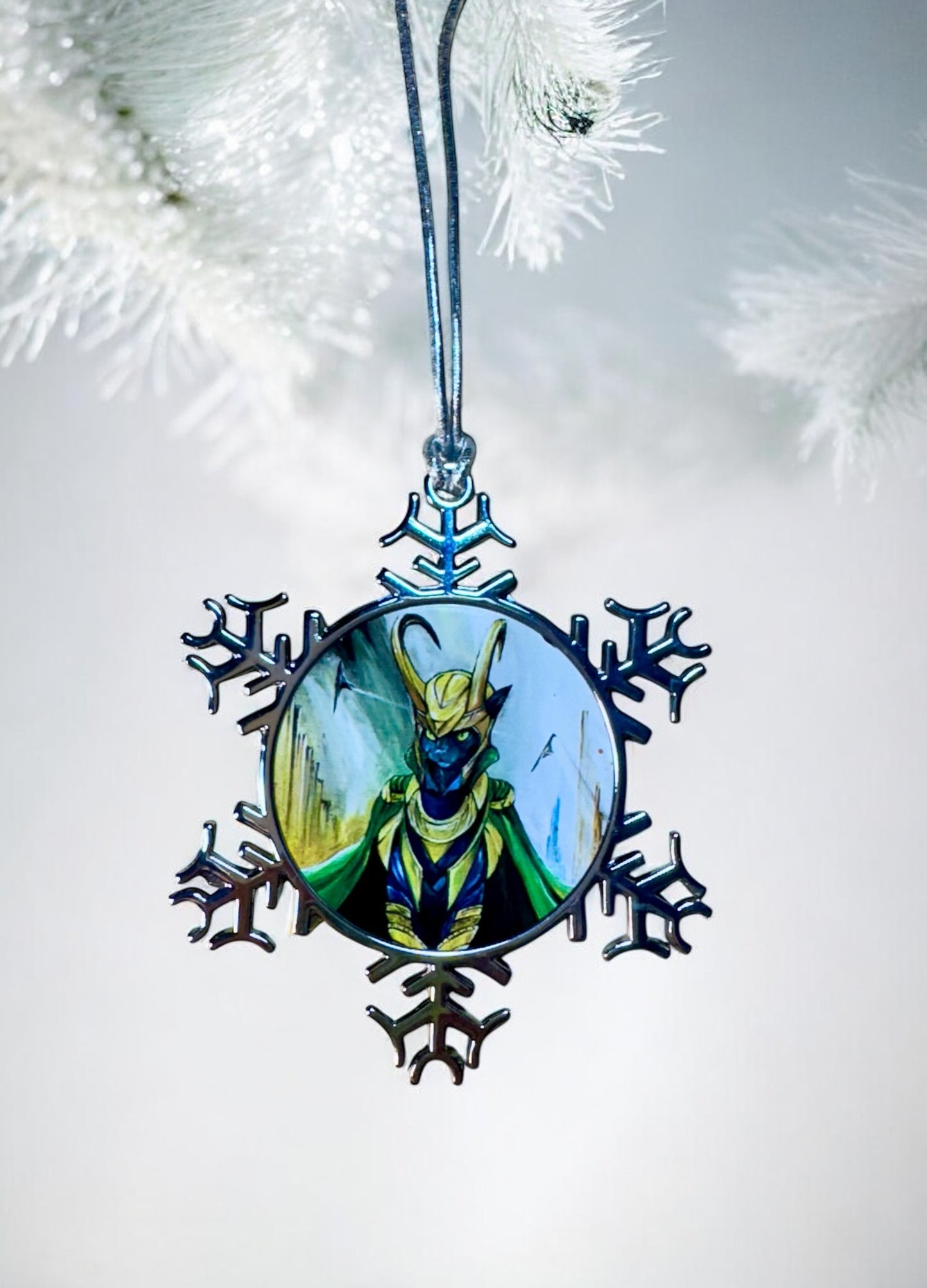 ORNAMENT 3"x 3" Silver Snowflake "Loki B Cat" (Image on both sides)