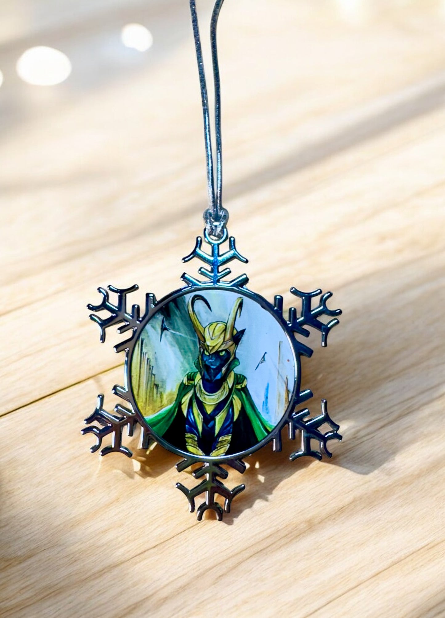 ORNAMENT 3"x 3" Silver Snowflake "Loki B Cat" (Image on both sides)