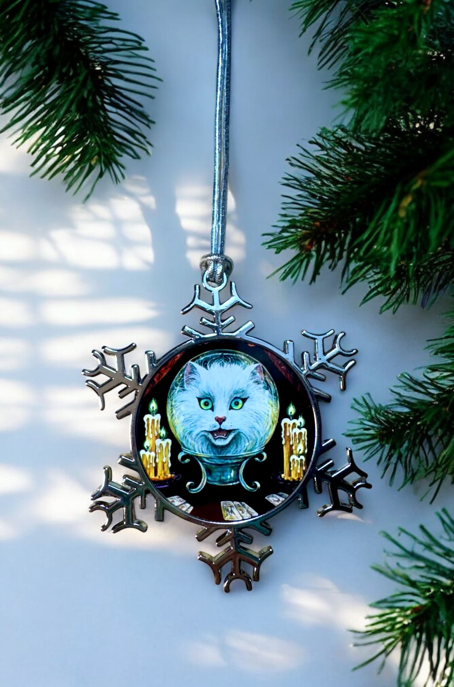 ORNAMENT 3"x 3" Silver Snowflake "Meowdame Leota" (Image on both sides)