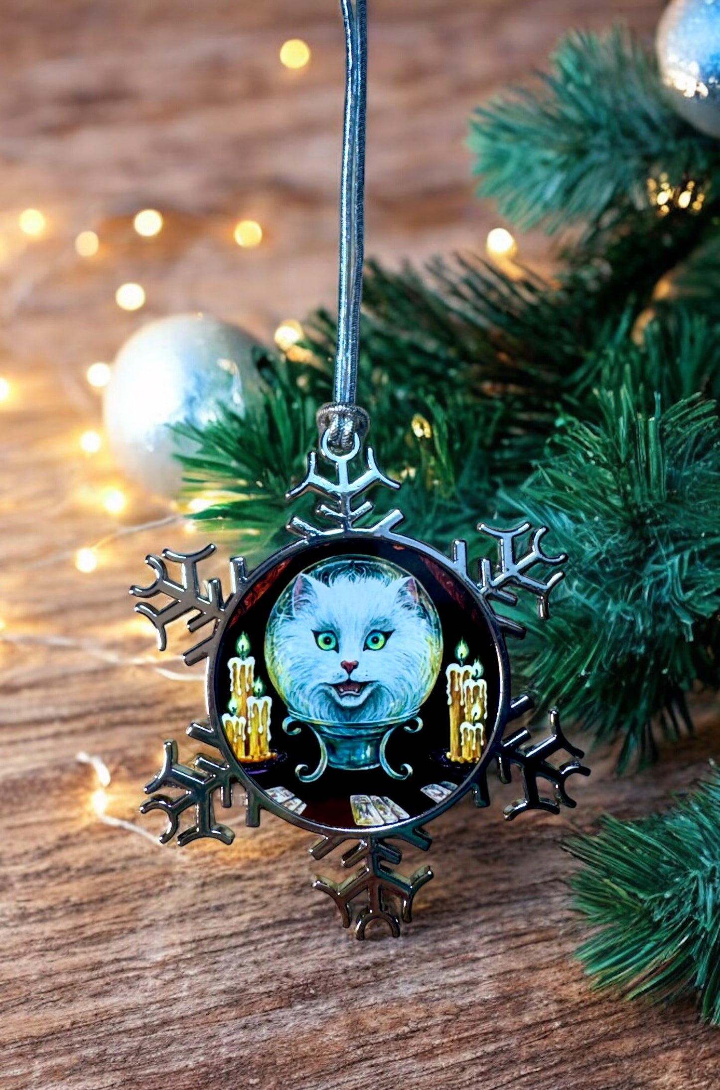ORNAMENT 3"x 3" Silver Snowflake "Meowdame Leota" (Image on both sides)