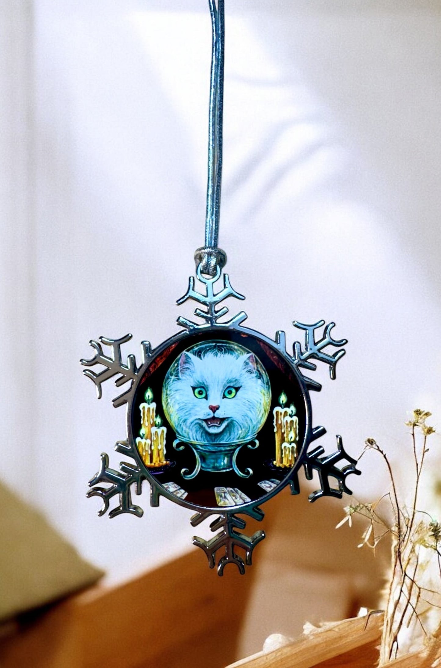 ORNAMENT 3"x 3" Silver Snowflake "Meowdame Leota" (Image on both sides)
