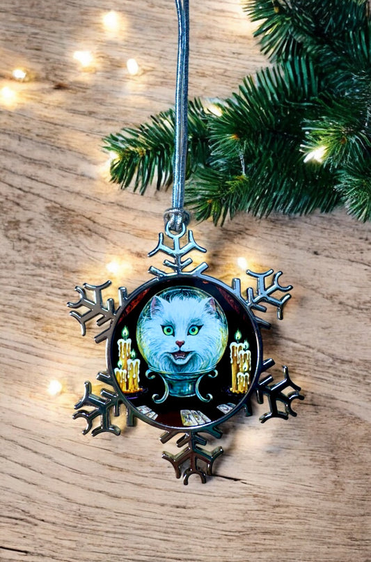 ORNAMENT 3"x 3" Silver Snowflake "Meowdame Leota" (Image on both sides)