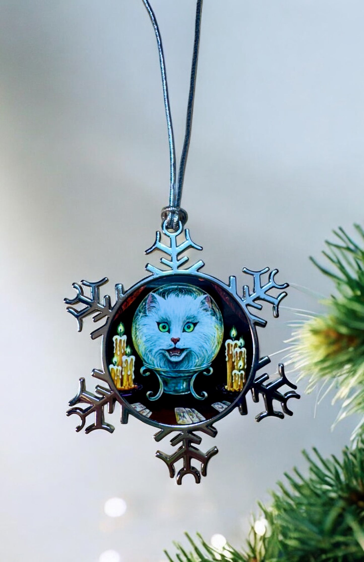 ORNAMENT 3"x 3" Silver Snowflake "Meowdame Leota" (Image on both sides)