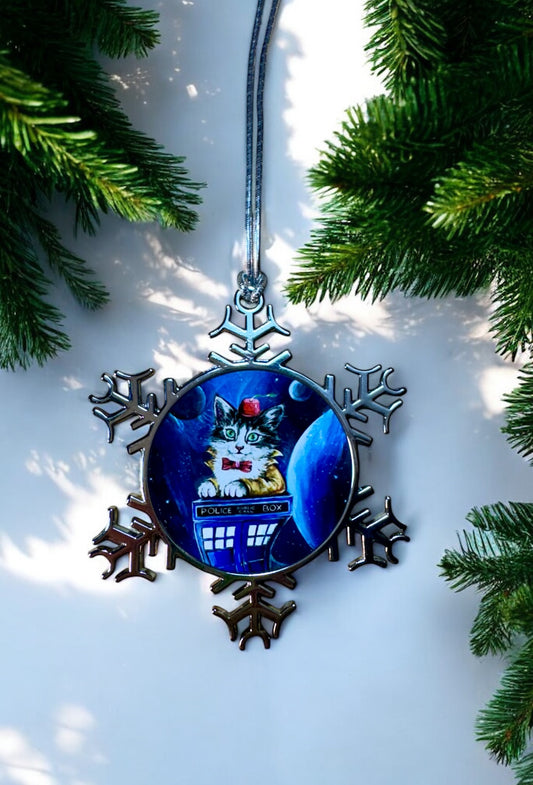 ORNAMENT 3"x 3" Silver Snowflake "Kitty Who" (Image on both sides)