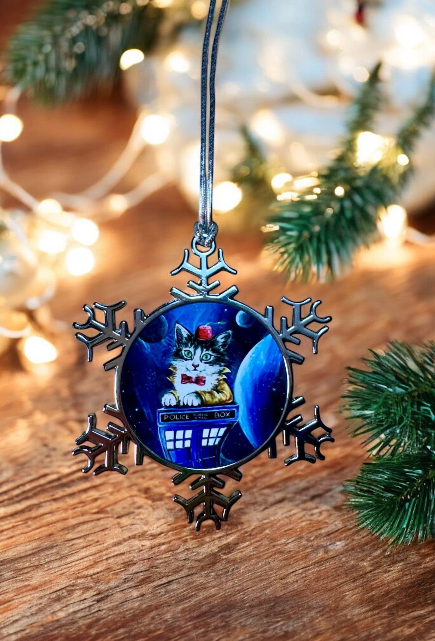 ORNAMENT 3"x 3" Silver Snowflake "Kitty Who" (Image on both sides)