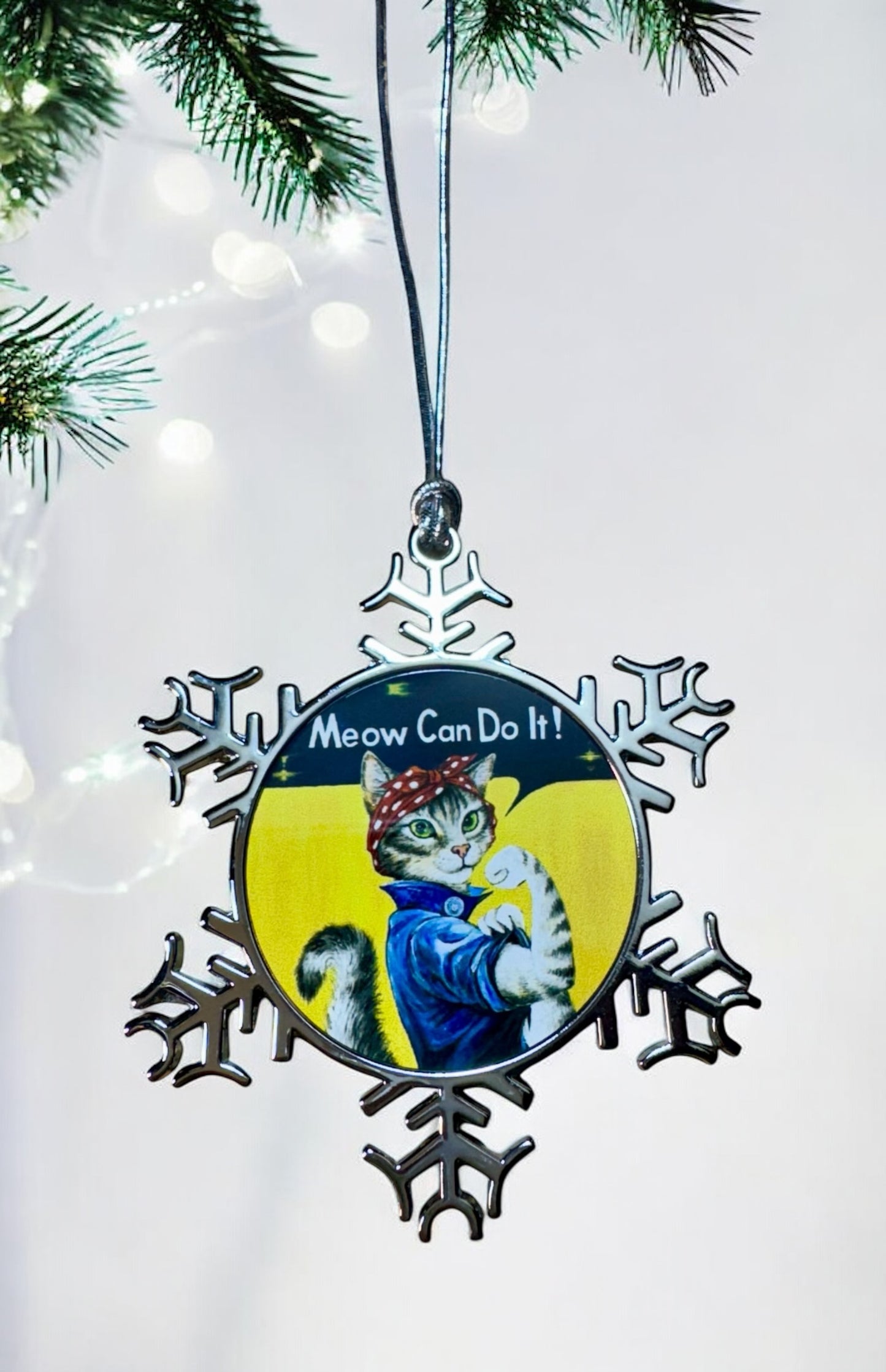 ORNAMENT 3"x 3" Silver Snowflake "Meow Can Do It!" (Image on both sides)