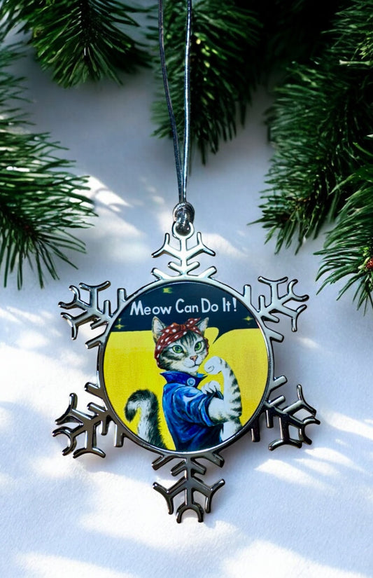 ORNAMENT 3"x 3" Silver Snowflake "Meow Can Do It!" (Image on both sides)