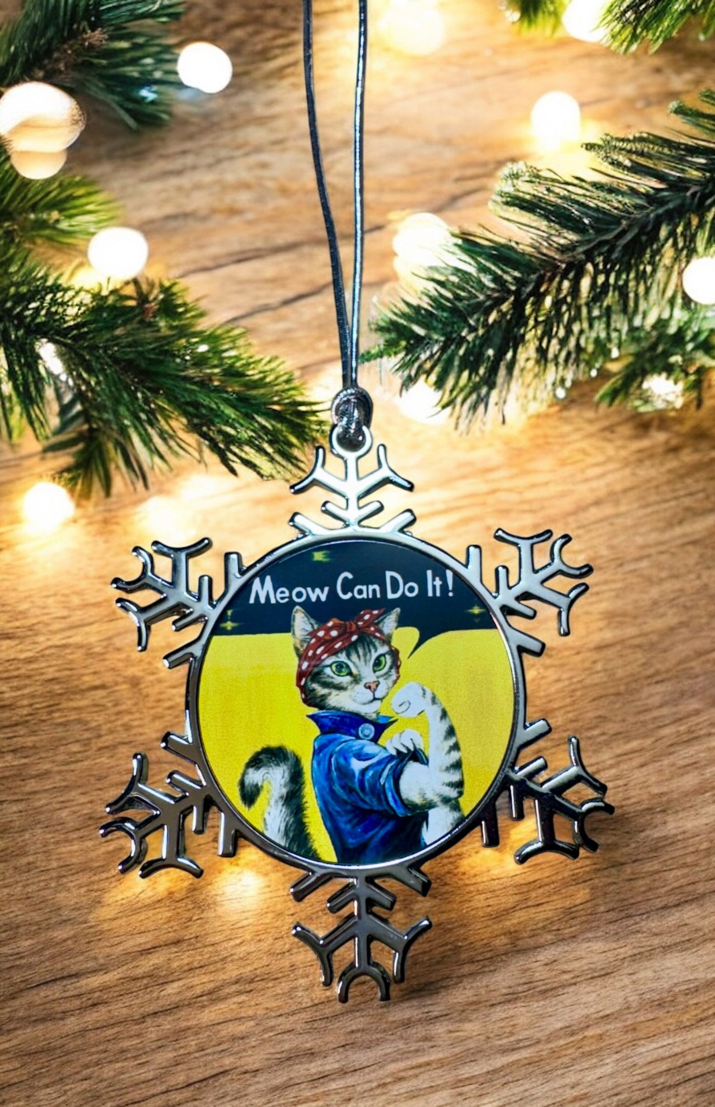 ORNAMENT 3"x 3" Silver Snowflake "Meow Can Do It!" (Image on both sides)
