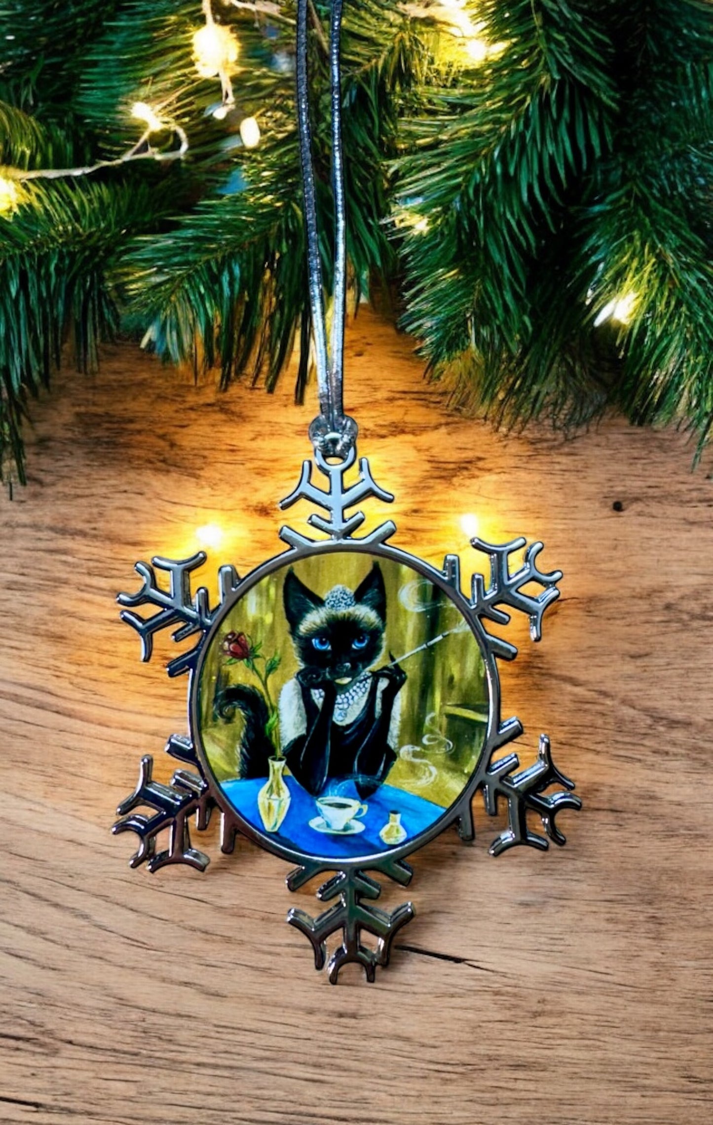 ORNAMENT 3"x 3" Silver Snowflake "Audrey HepPurr" (Image on both sides)