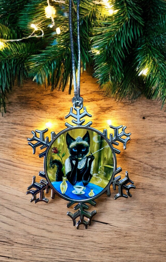ORNAMENT 3"x 3" Silver Snowflake "Audrey HepPurr" (Image on both sides)