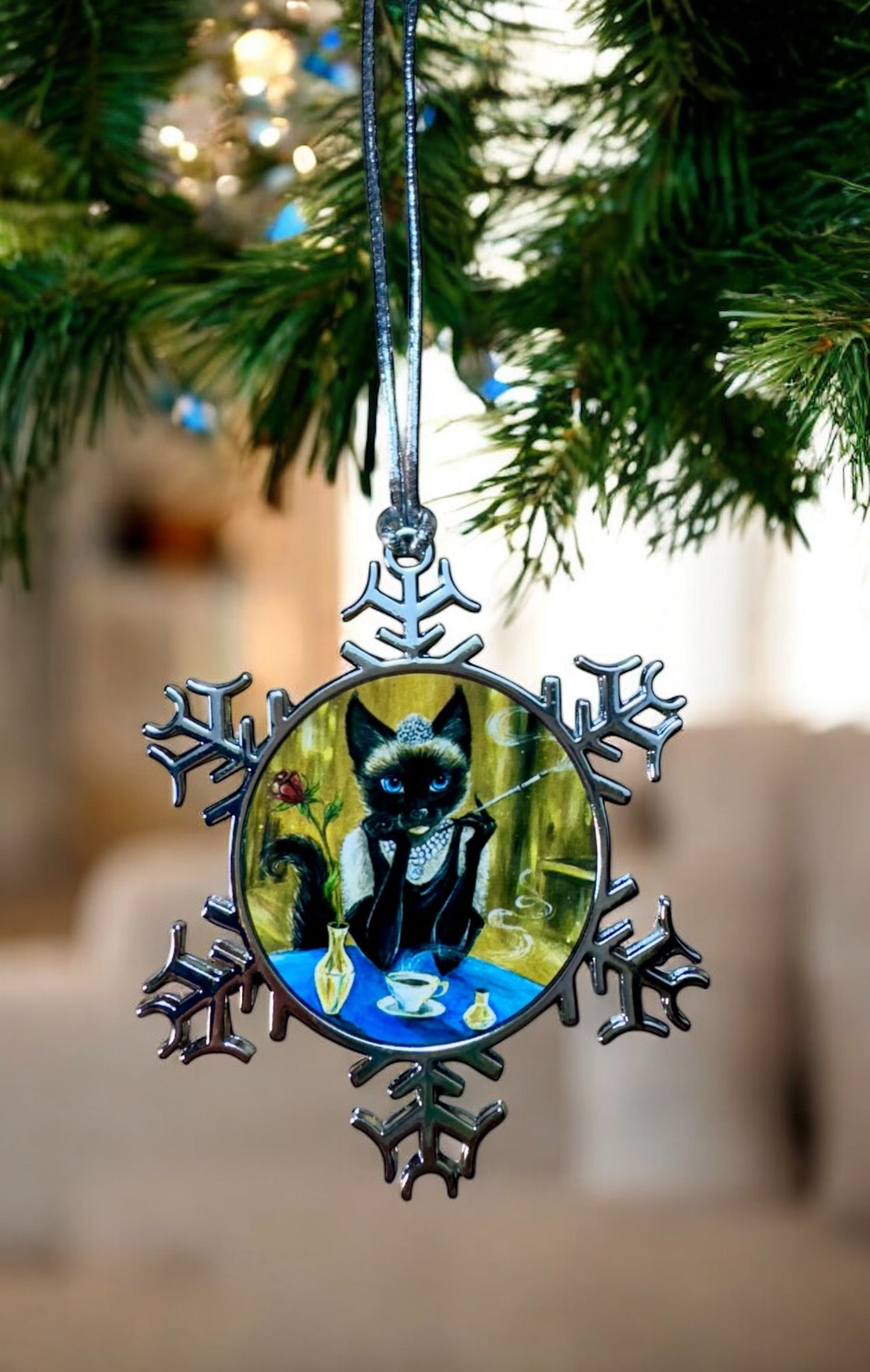 ORNAMENT 3"x 3" Silver Snowflake "Audrey HepPurr" (Image on both sides)