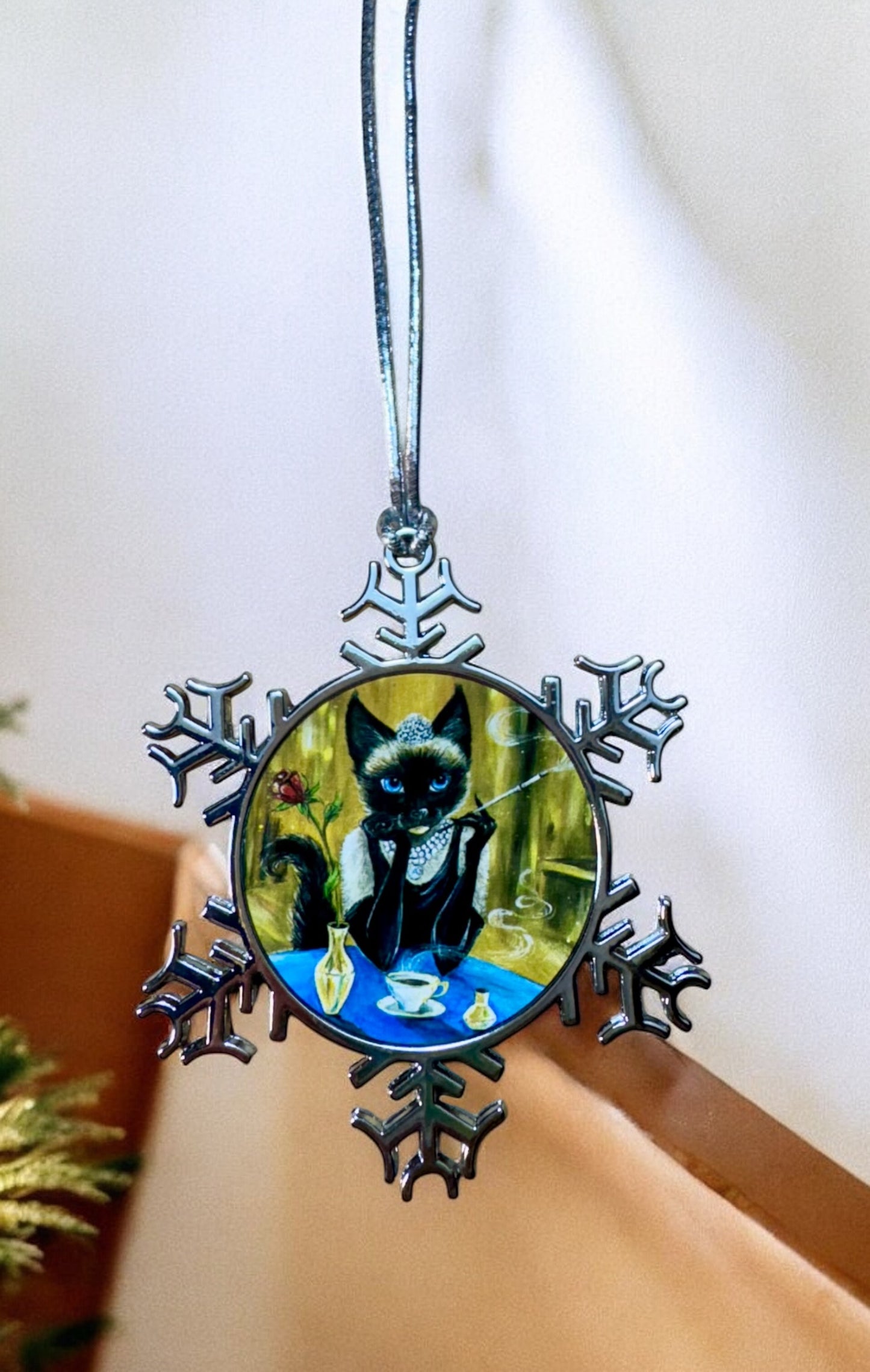 ORNAMENT 3"x 3" Silver Snowflake "Audrey HepPurr" (Image on both sides)