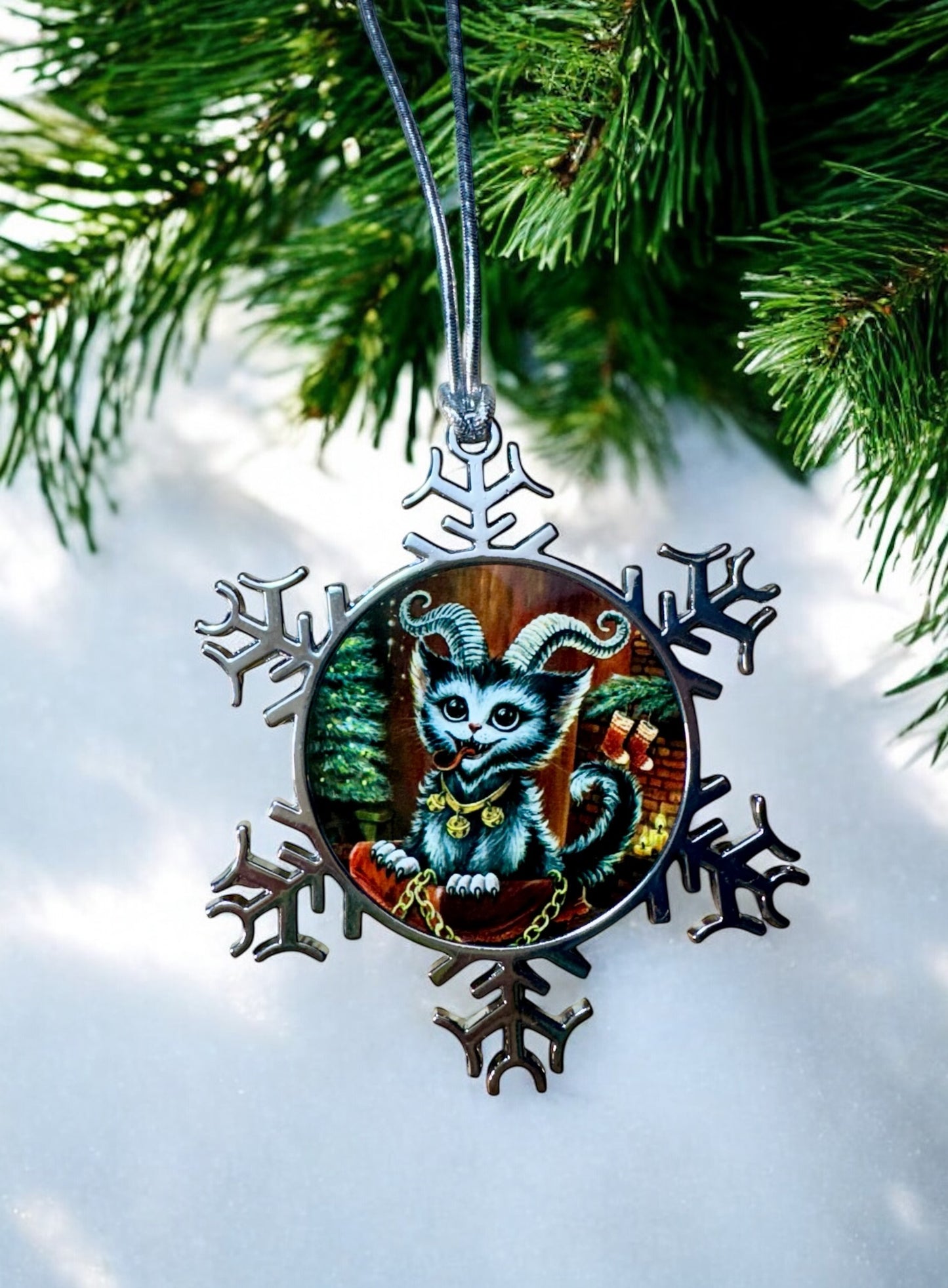 ORNAMENT 3"x 3" Silver Snowflake "Kitty Krampus" (Image on both sides)