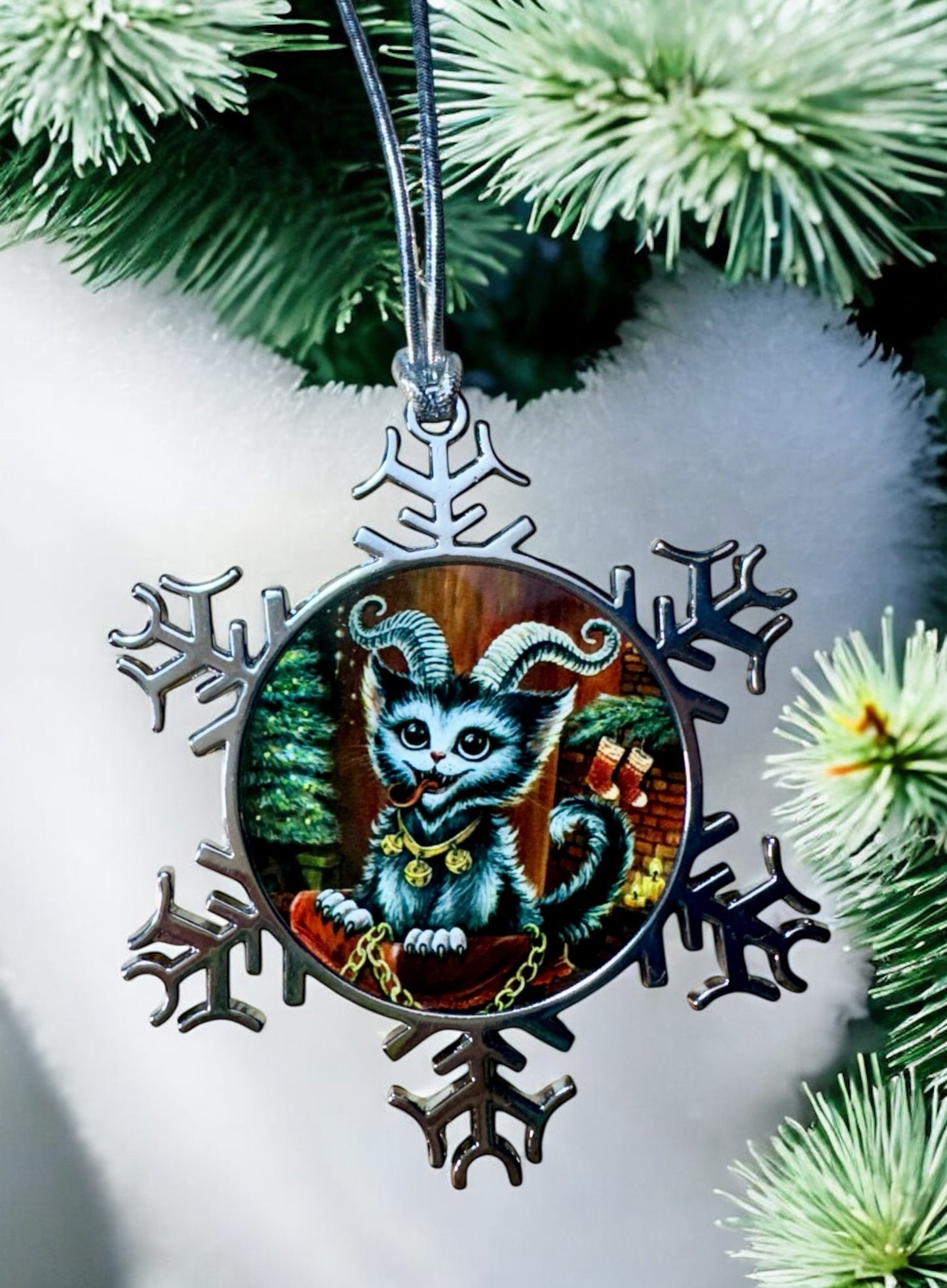 ORNAMENT 3"x 3" Silver Snowflake "Kitty Krampus" (Image on both sides)