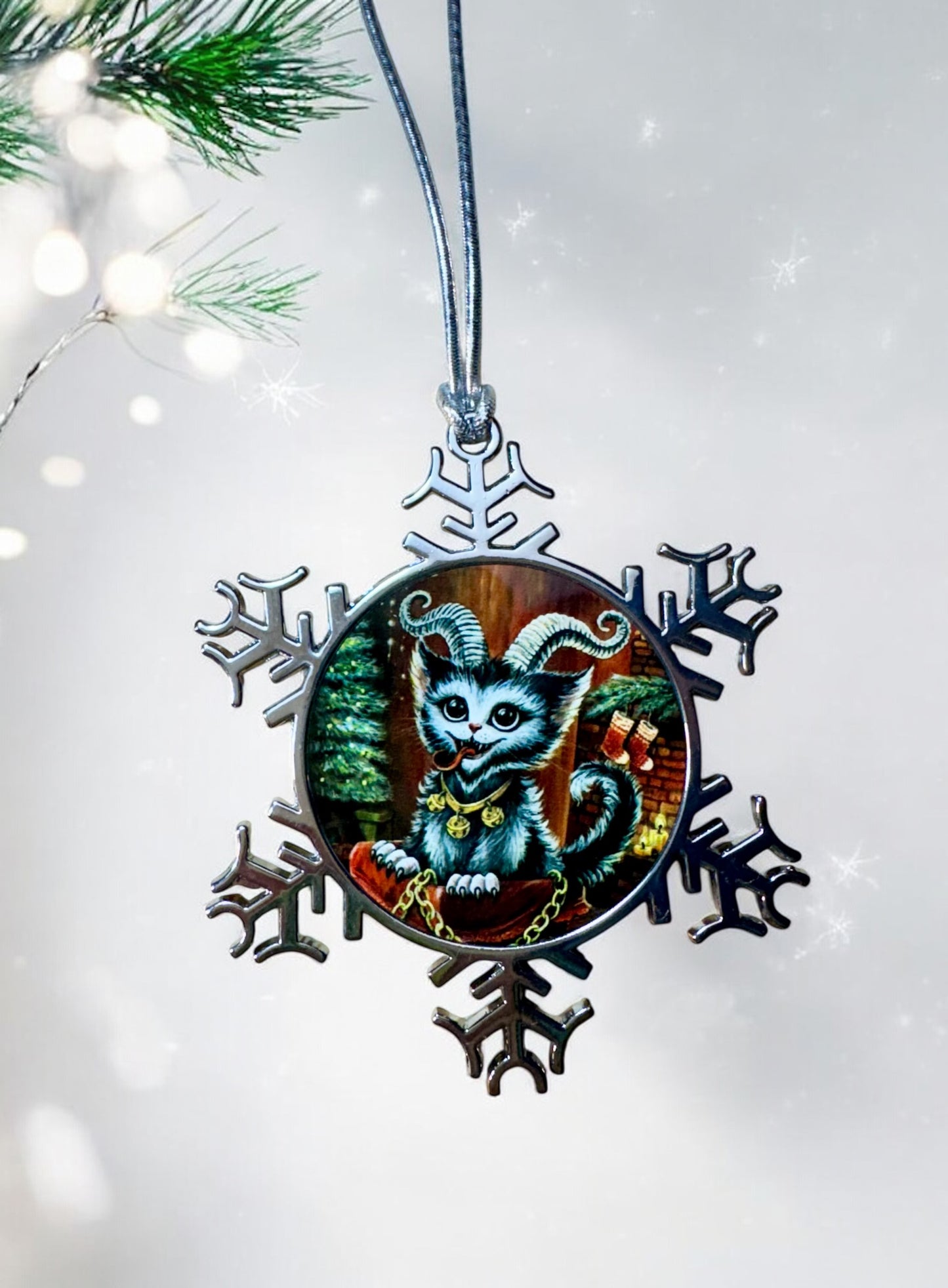 ORNAMENT 3"x 3" Silver Snowflake "Kitty Krampus" (Image on both sides)